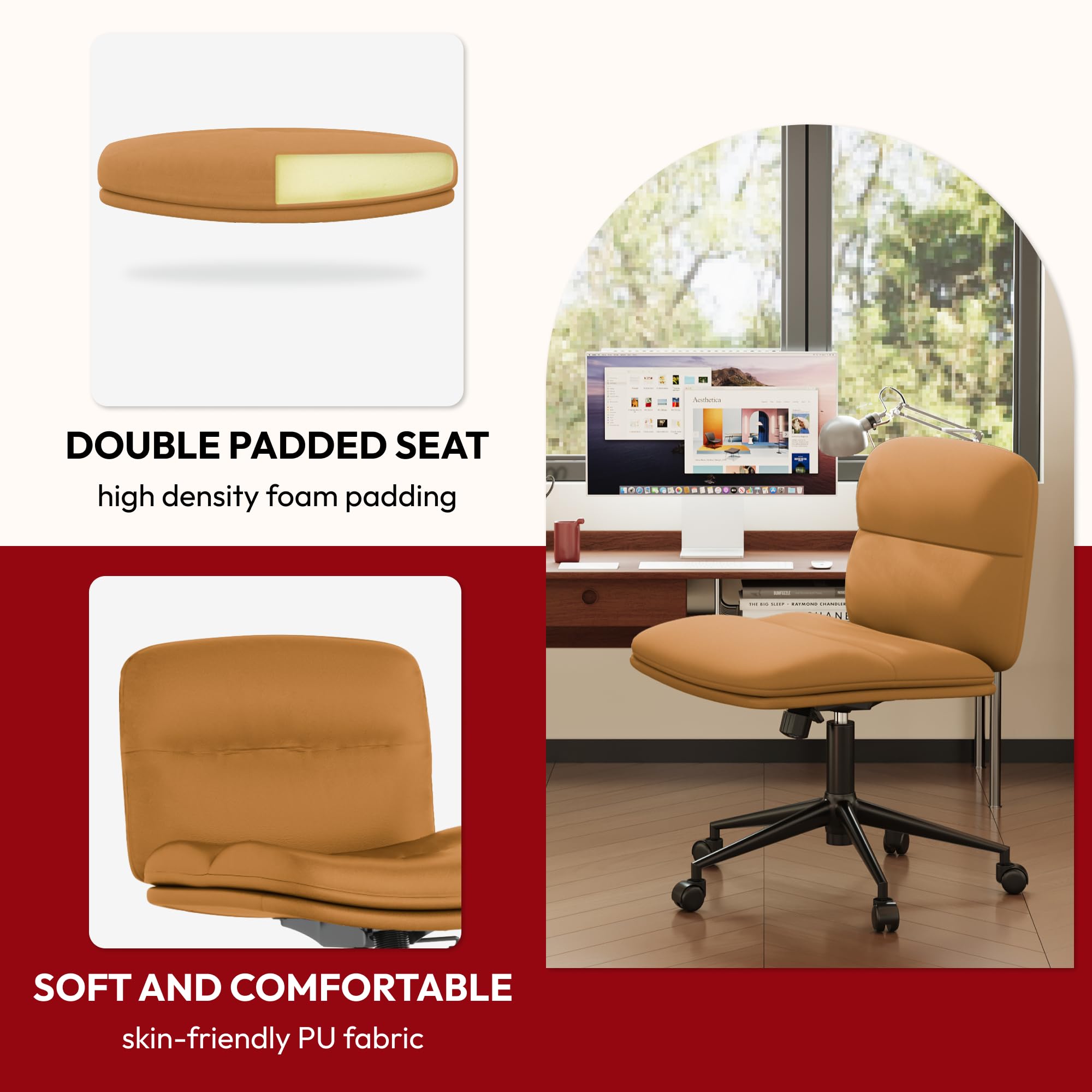 Criss Cross Armless Office Chair - PU Leather Swivel Desk Chair With Wheels, Height Adjustable - View #7
