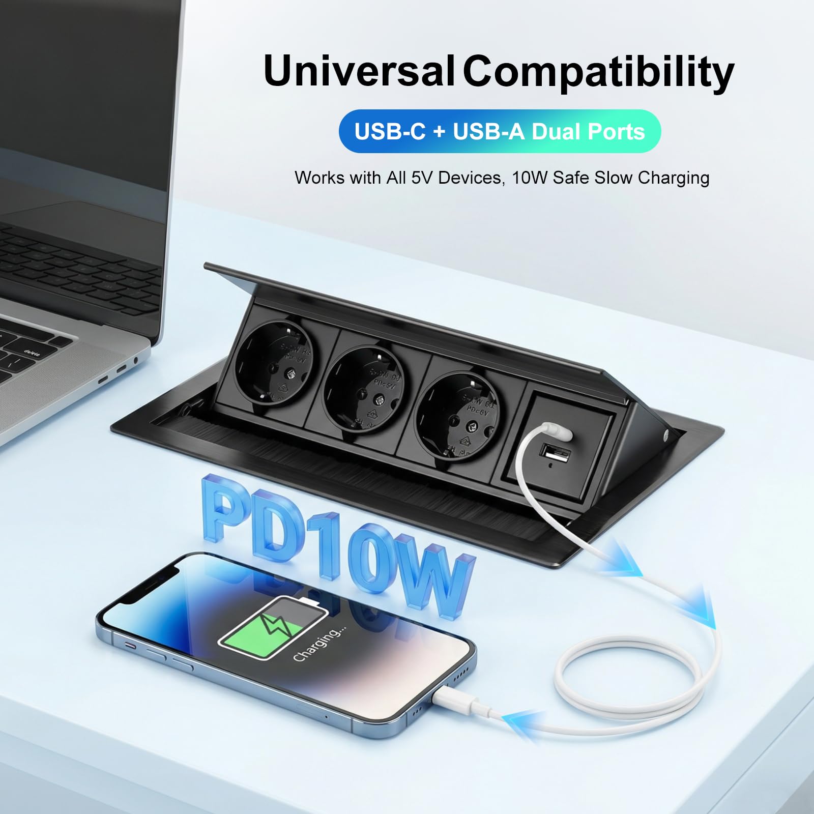 Presa Scomparsa 3 Prese, 1 USB-C 1 USB-A, Multipresa da Tavolo Alluminio, Multipresa Scomparsa Incasso Tavolo, Cavo di Alimentazione 2m, 20W USB, per Ufficio, Sala Giochi, Sale Riunioni, Cucina 2500W