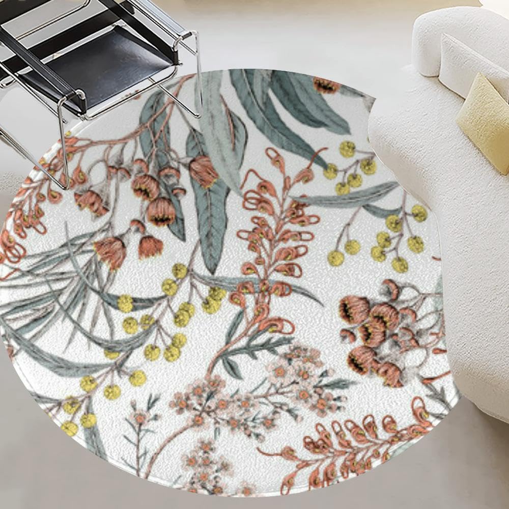 Small Round Area Rug 3ft Australian Native Flowers Black Botanical Washable Round Bathroom Circle Rug Carpet Outdoor Entryway Kitchen Rug for Dining Room Table Bedroom