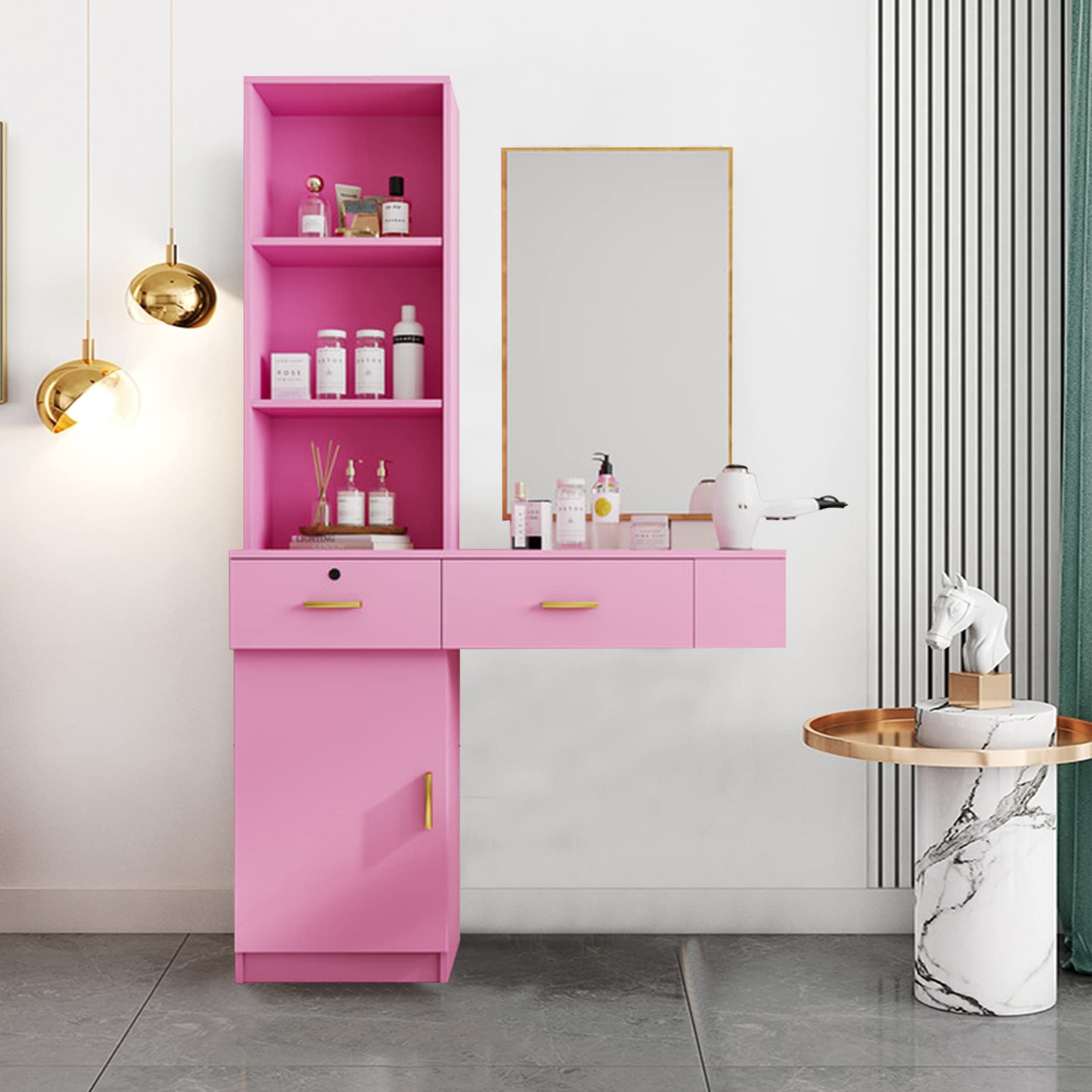 Binrrio Pink Wall Mount Hair Styling Barber Station, Beauty Salon Spa Furniture Set, Dressing Table Hair Salon Equipment, 3 Storage Shelf+2 Drawers+1 Cabinet+3 Heat Resistant Sleeves