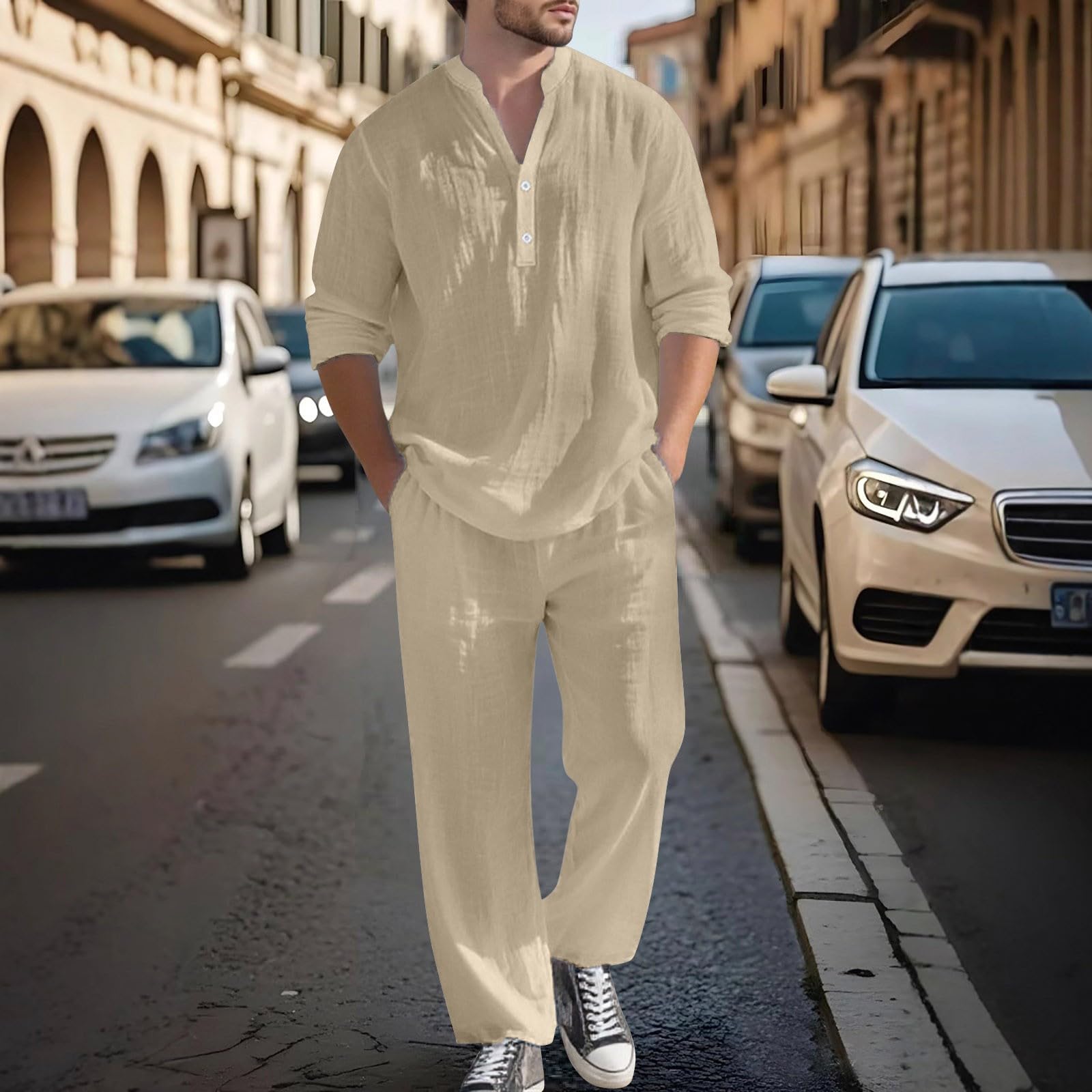 Generico Completo Uomo Lino Cotone Camicia Collo Alla Coreana E Pantaloni Lunghi Coordinato Casual Spiaggia Cerimonia Mare Vacanze Traspirante Leggero Abbigliamento Estivo Comodo