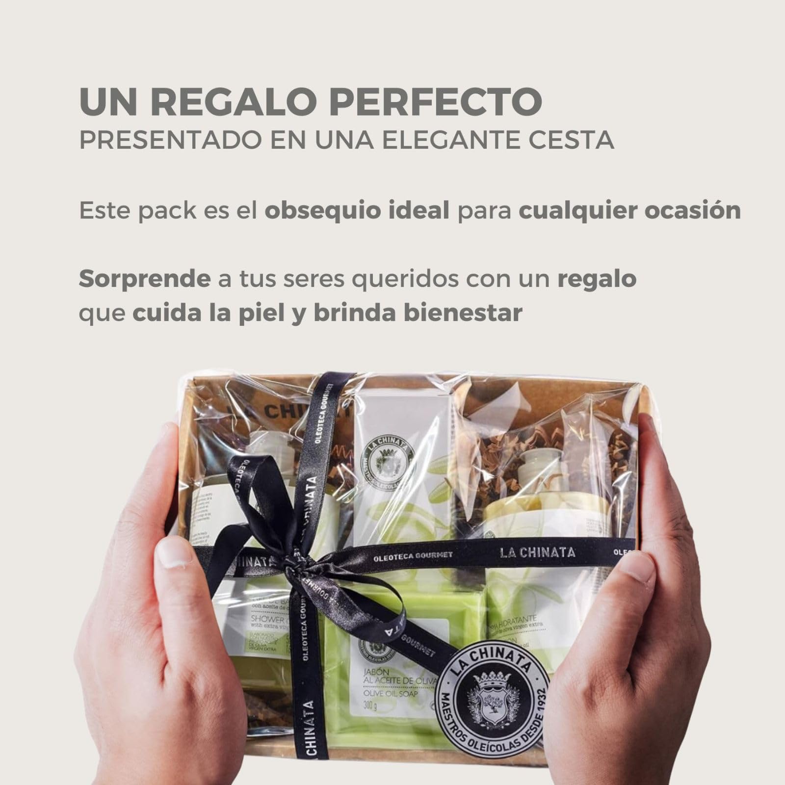 La Chinata Cesta Pequeña Cosmética Nº 1 con AOVE | Pack Cuidado de la Piel con Jabón, Gel de Baño, Crema Hidratante y Crema de Manos y Uñas | Cosmética Natural | Hidratación Piel Sensible | Regalo