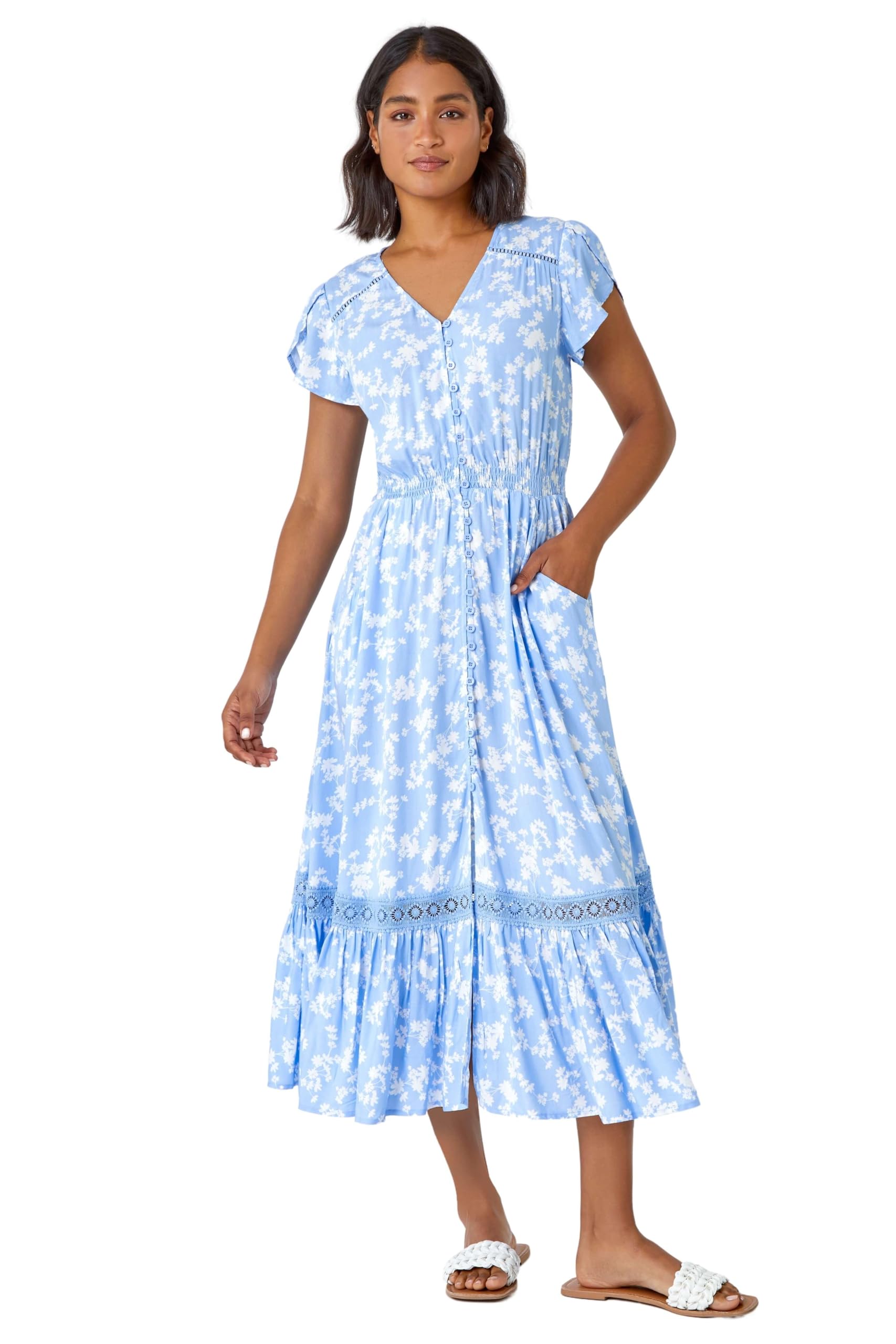 Roman Shirred Empire Waist Dress for Women UK Ladies Midi Maxi Summer Spring Tiered Frill Hem Short Sleeve V Neck Button Through Boho Bohemian Holiday Cruise