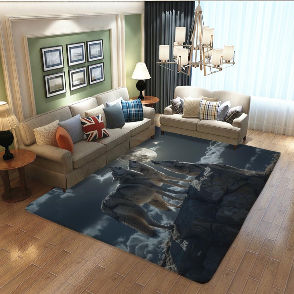 QZLFCAI Wolf Area Rug for Bedroom, Animal Print Decor for Boys, Anti-Stain 36 * 24 inches, Grey