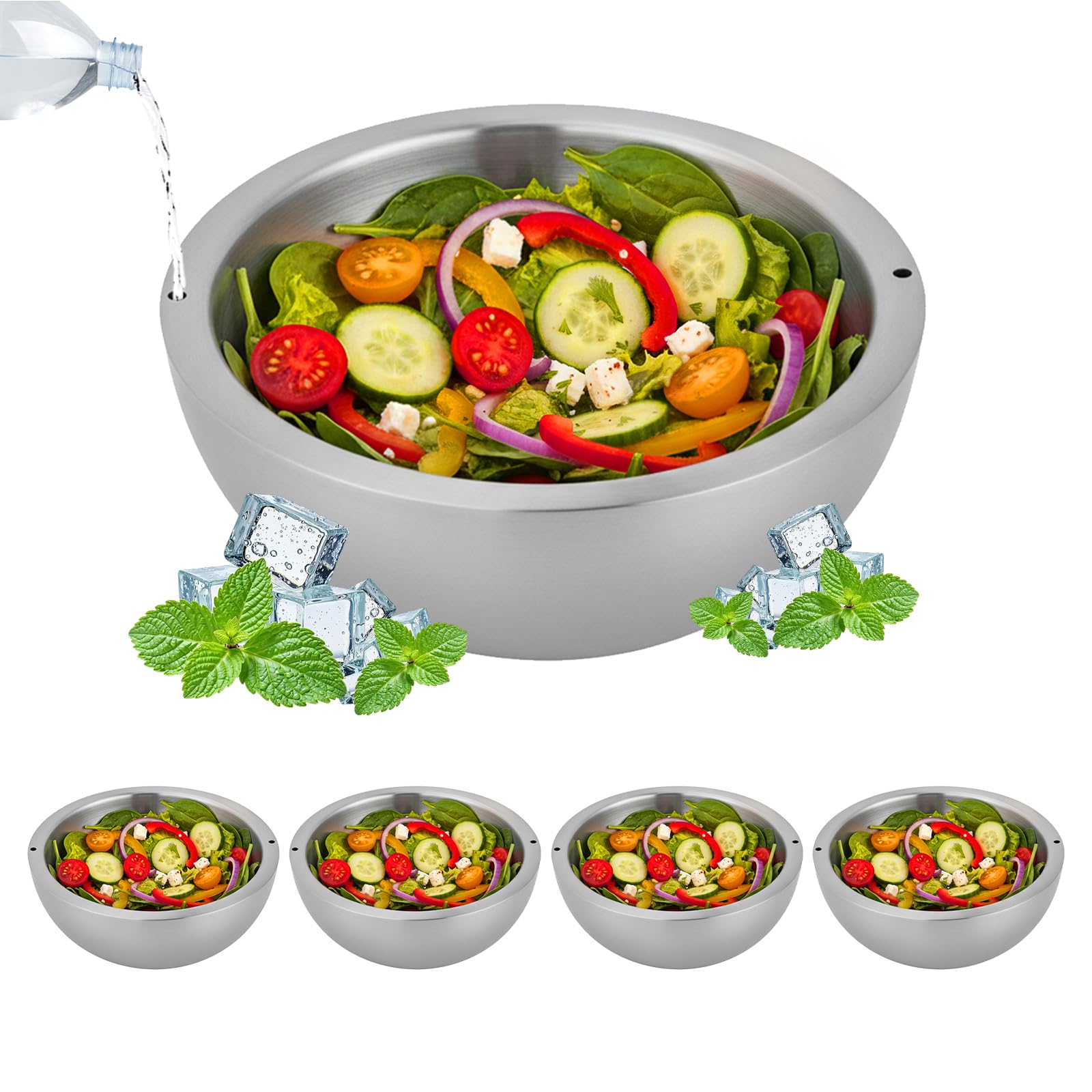 AGULIUM 5Pcs Stainless Steel Mixing Bowls Set, 1L/33.8OZ Insulated Salad Bowl with 2 Water Injection Holes(Hot & Ice Water), Small Metal Mixing Bowl