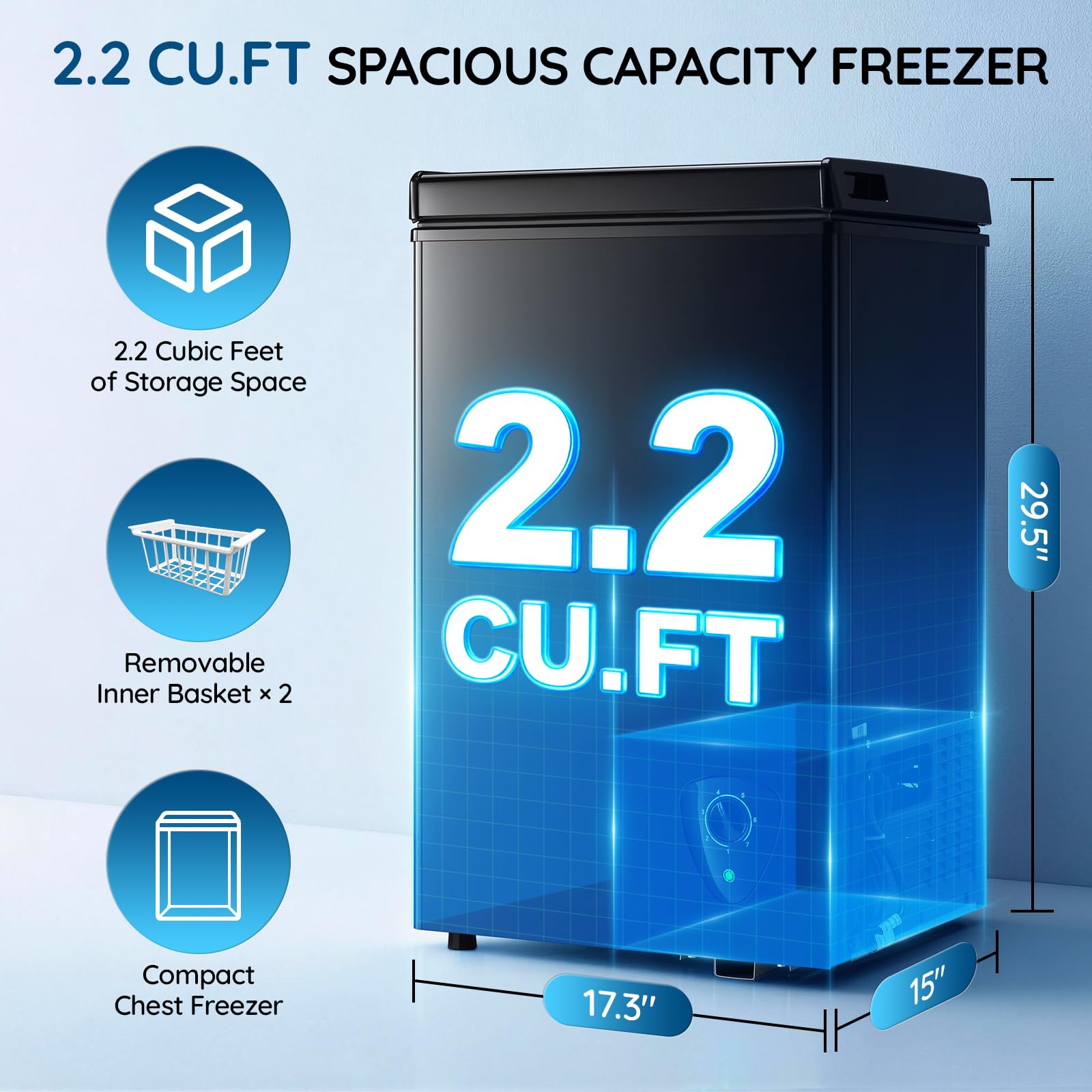 Tacool 2.2 Cu.Ft Mini Chest Freezer, Compact Deep Freezer With 7 Adjustable Thermostat, Top Open Door & Removable Basket, Single Door Freezer For Home, Garage And Apartment Black on Fridge.com - View 2