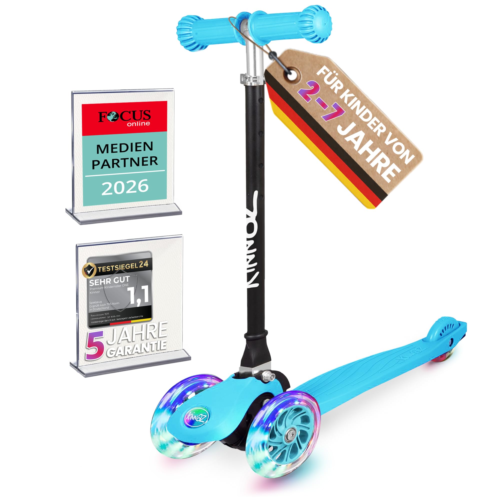 Kinderroller kinnaz ONE, LED Räder, Faltbar, Mitwachsend, 2-7 Jahre, Focus Empfehlung, Roller Kinder 2 Jahre, ab 3 Jahre, Tretroller, kein Wegwerfprodukt, über 100000 verkauft, aus Hamburg