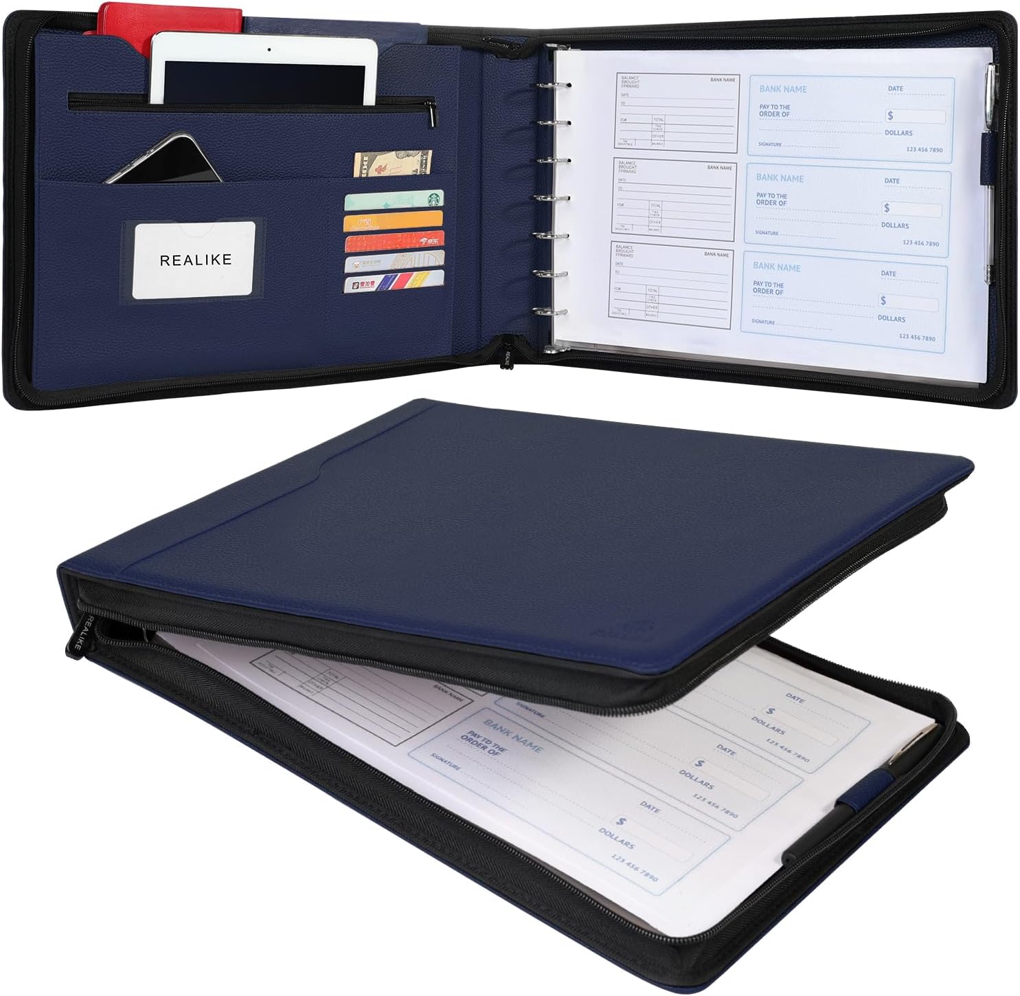 REALIKE Zippered Business Checkbook Binder for Business Checks, 7 Ring Check Binder for 9x13 Sheets,600 Checks Capacity, PU Leather Portfolio with Zipper Pouch & Storage Organizer