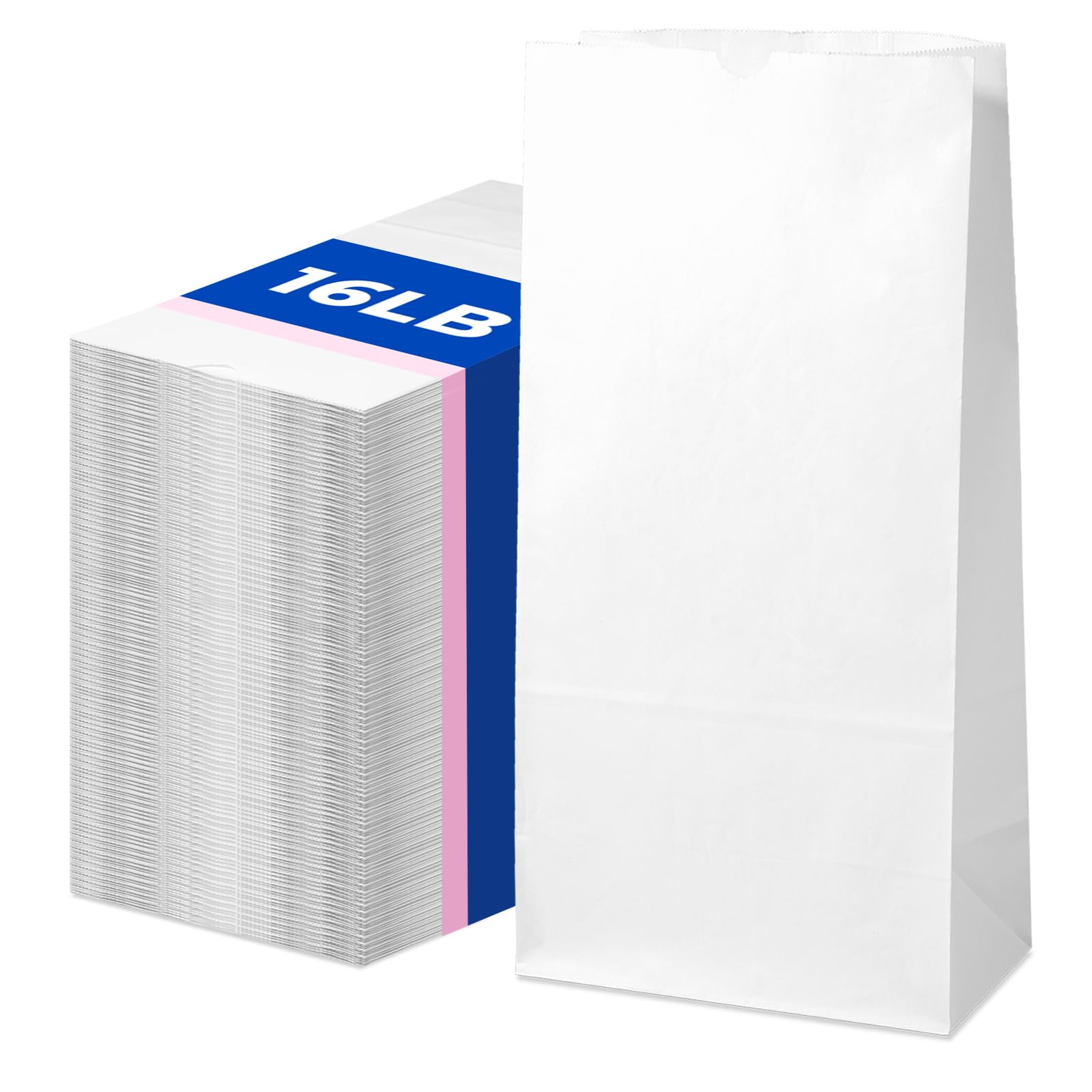 Fit Meal Prep 200 Pack 16 lb White Paper Lunch Bags, 16.3 x 7.8 x 4.5" Premium White Paper Bags Bulk for Small Business, Recyclable Snack Sacks,