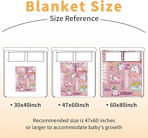 Miniatura 7 de Manta de bebé personalizada, diseño de unicornios con nombre multifuente, manta de franela de felpa suave personalizada con respaldo punteado de