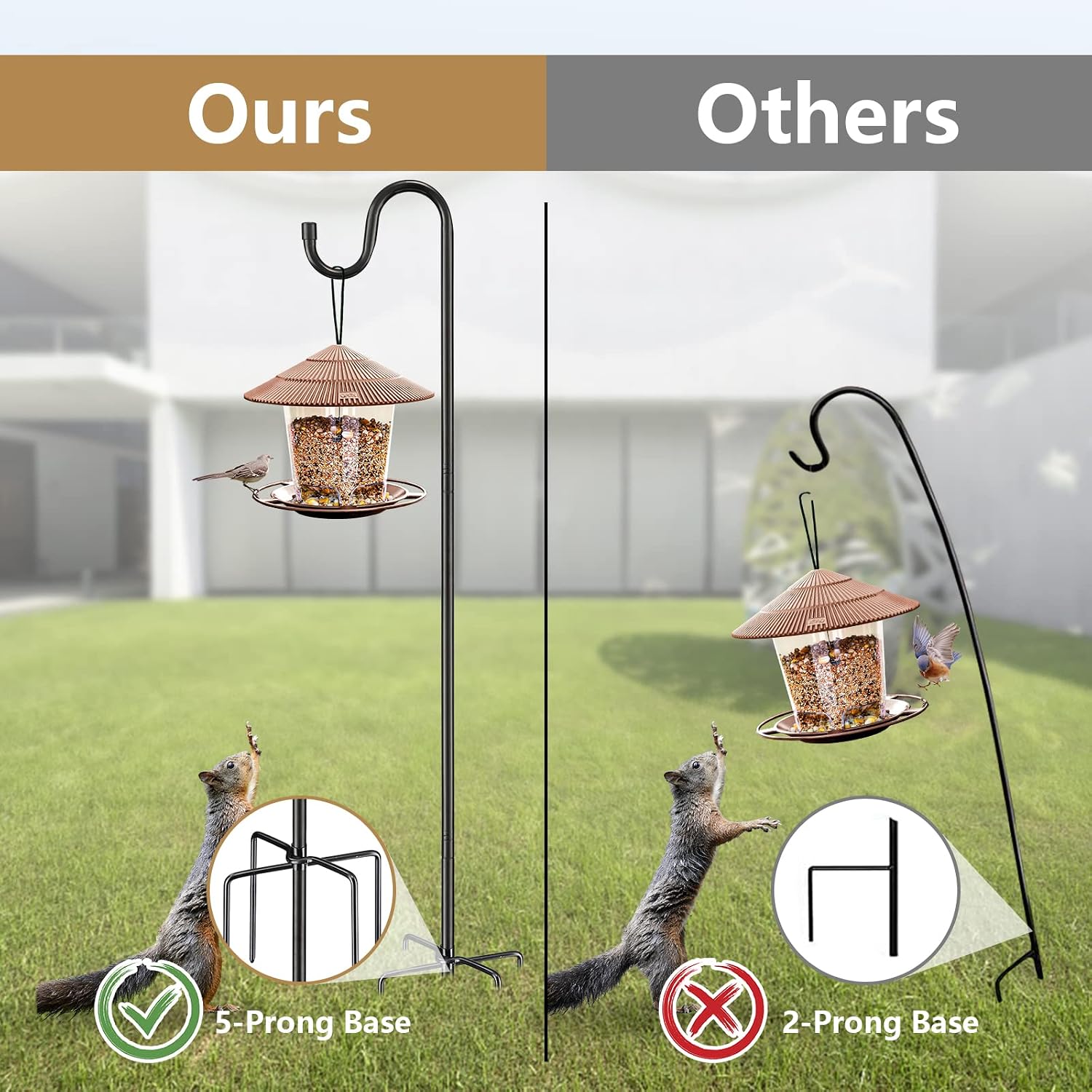 HOME RIGHT Shepherds Hook - 62 Inch Bird Feeder Pole with 5 Prongs Base - Adjustable Heavy Duty Rustproof Shepards Hooks for Outdoor Bird Feeder, Solar Lights, Lanterns, Flower Basket