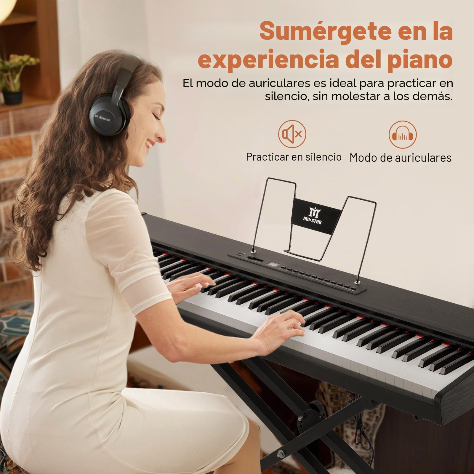 MUSTAR Piano digital 88 teclas semi-pesadas con soporte, tamaño completo 88 teclas, piano principiante, piano electrónico portátil, con conexión inalámbrica, maleta, pedal de sustain, negro