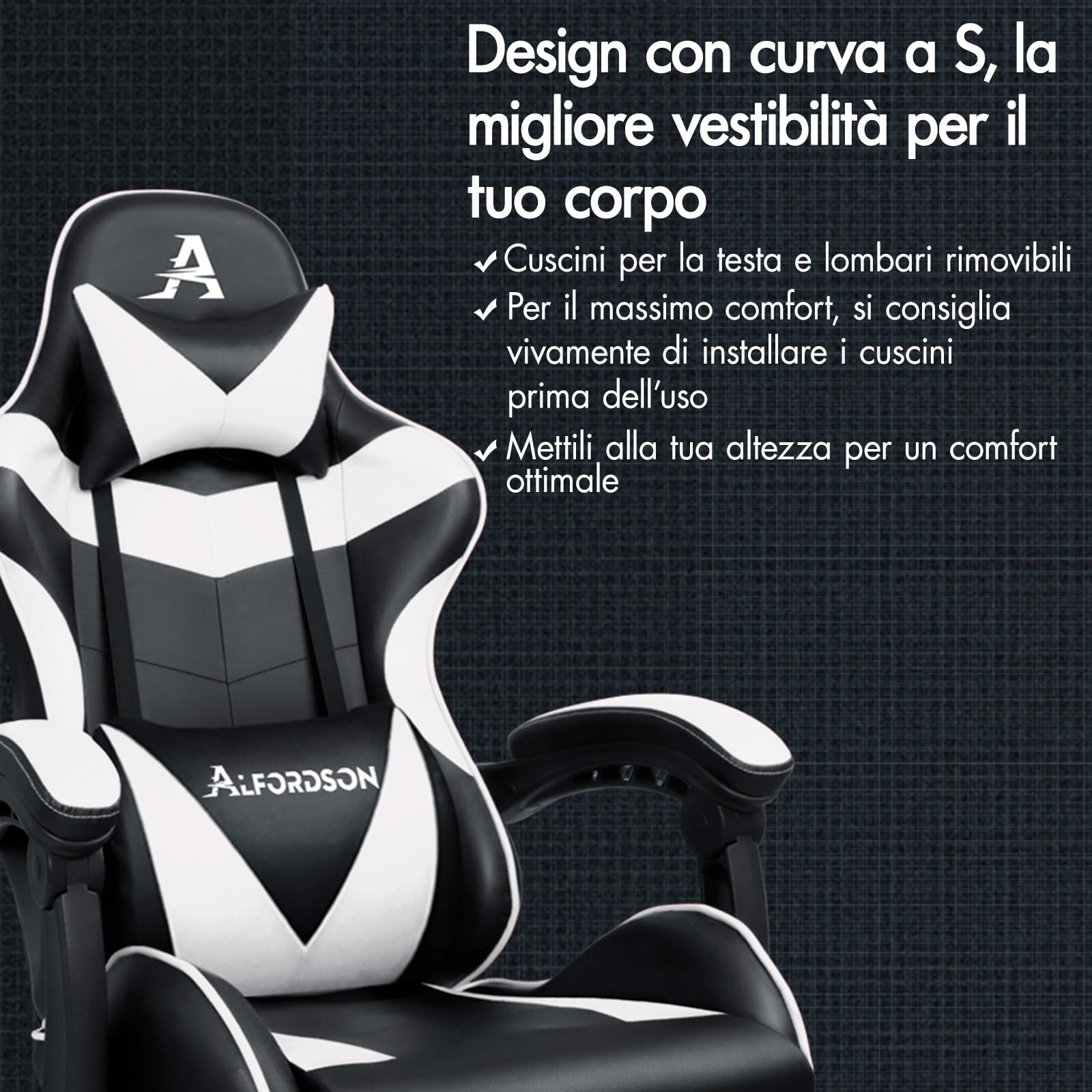 ALFORDSON Sedia Gaming Massaggiante, Sedia Gamer Professionale, Cuscino Lombare & Poggiatesta, Poltrona Ergonomica da Ufficio con Poggiapiedi, Portata 180 kg, Regolabile 90-150°, Similpelle(Bianca) | Poltrona Gamer in Similpelle Serie VOGLER, Schienale re