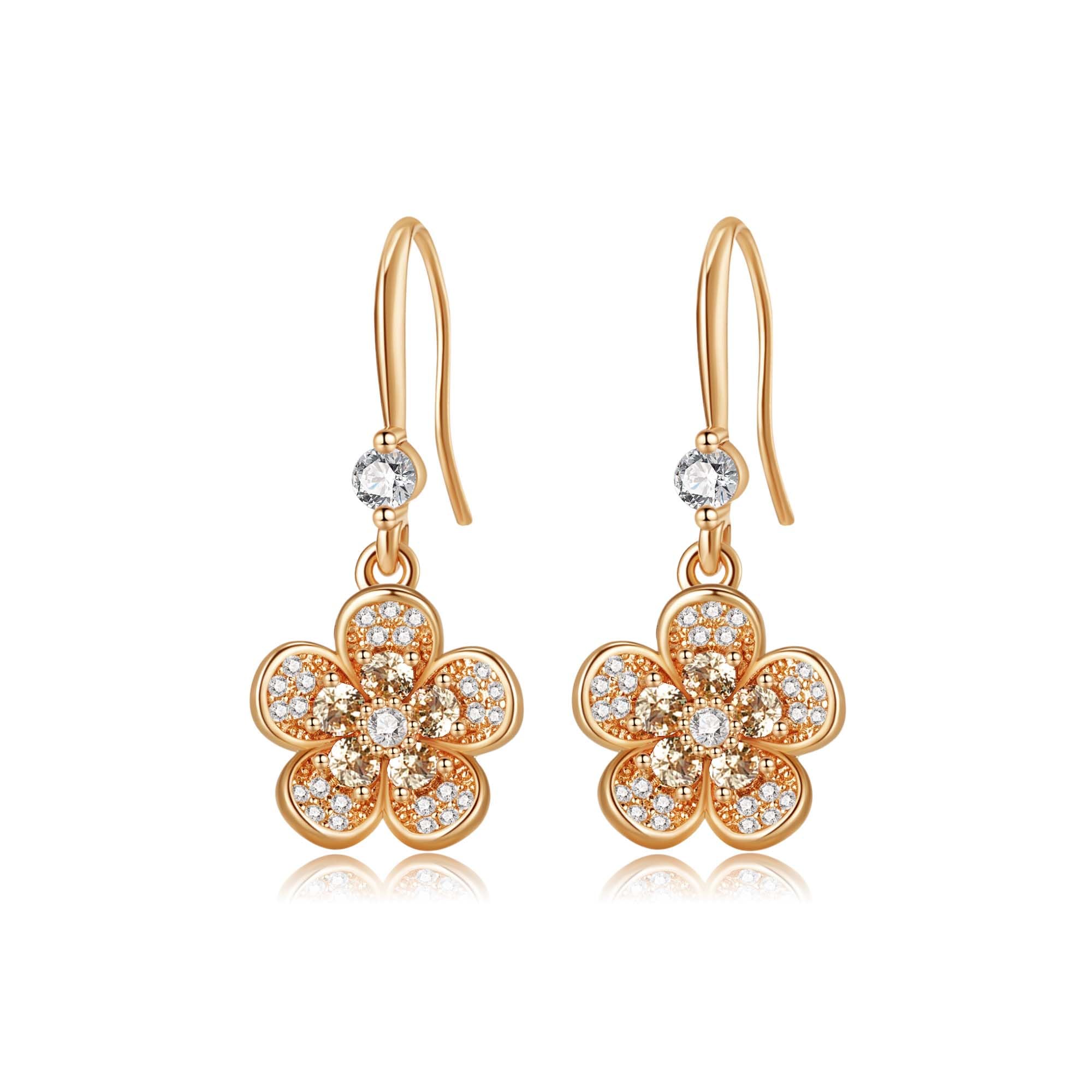 Austrian Crystal Flower Dangle Drop Earrings for Women 14K Gold Plated Hypoallergenic Jewelry
