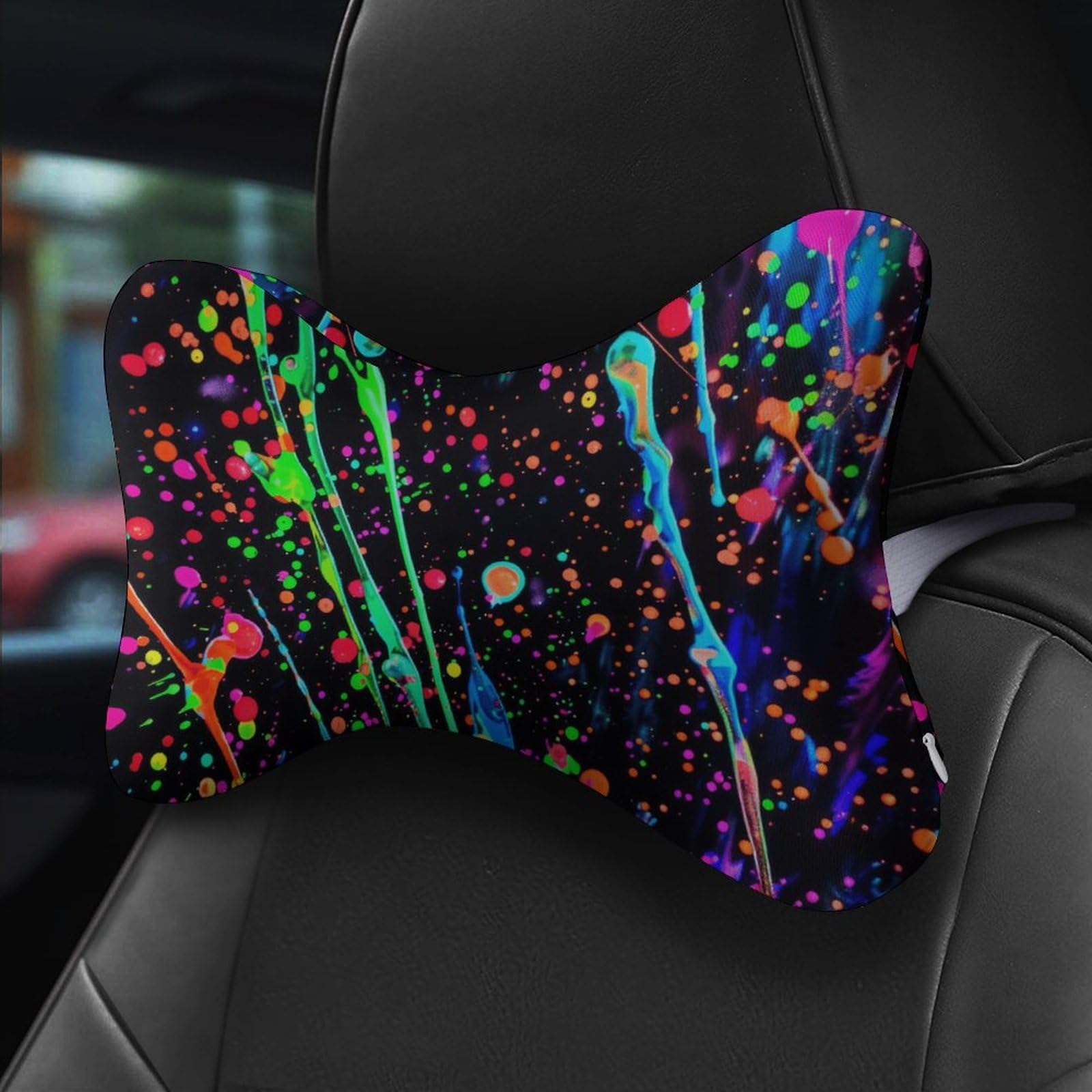 SMAZDFXX Neon Splatter Ink Car Neck Pillow Set of 2 Car Seat Head Support Cushion Bone Pillows with Elastic Strap