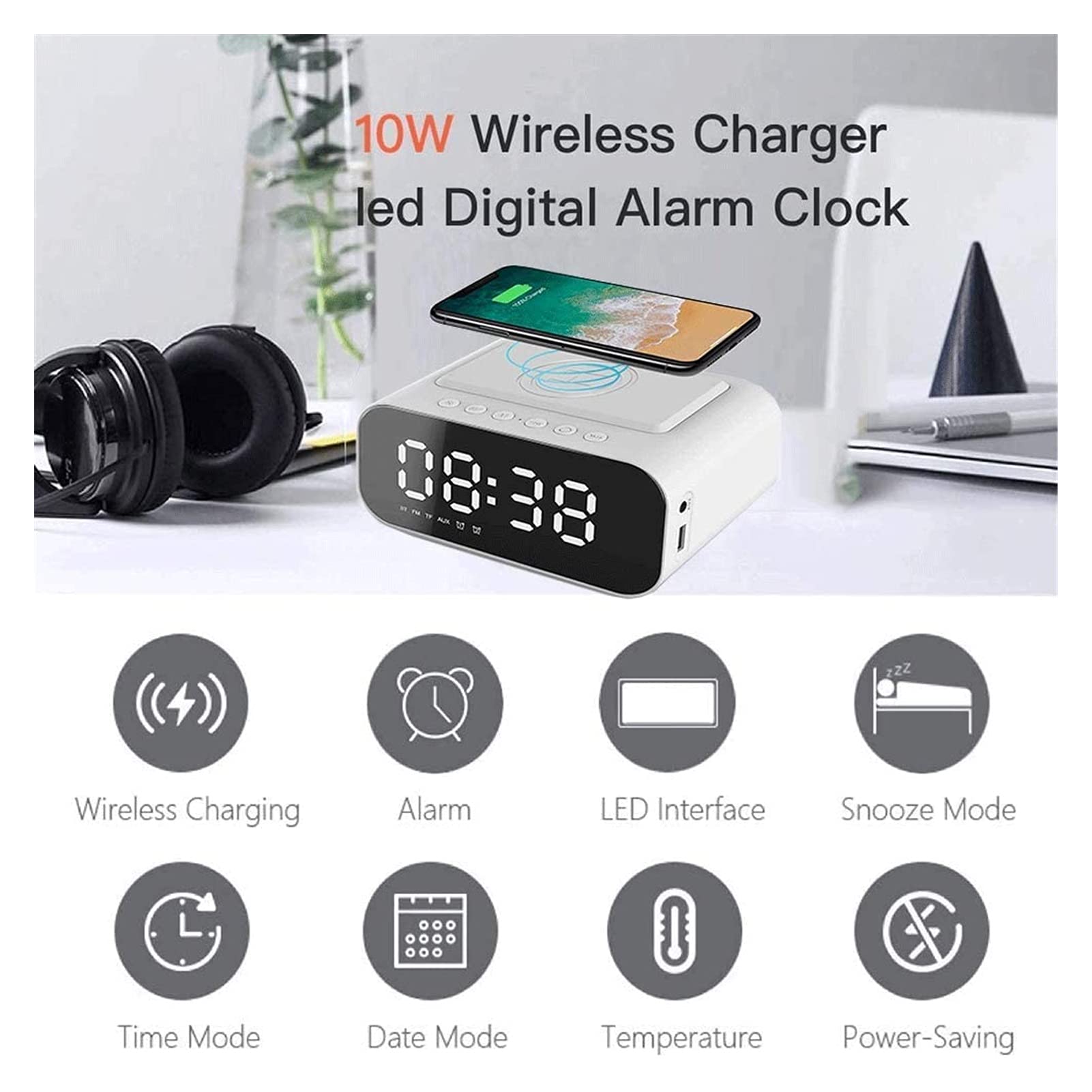 Reloj de alarma digital de carga inalámbrica, espejo DIRIGIÓ Exhibir con USB Puerto, altavoz FM Radio de reloj, Dual alarma, Llamada de manos libres para dormitorio en la cama del hotel (blanco)