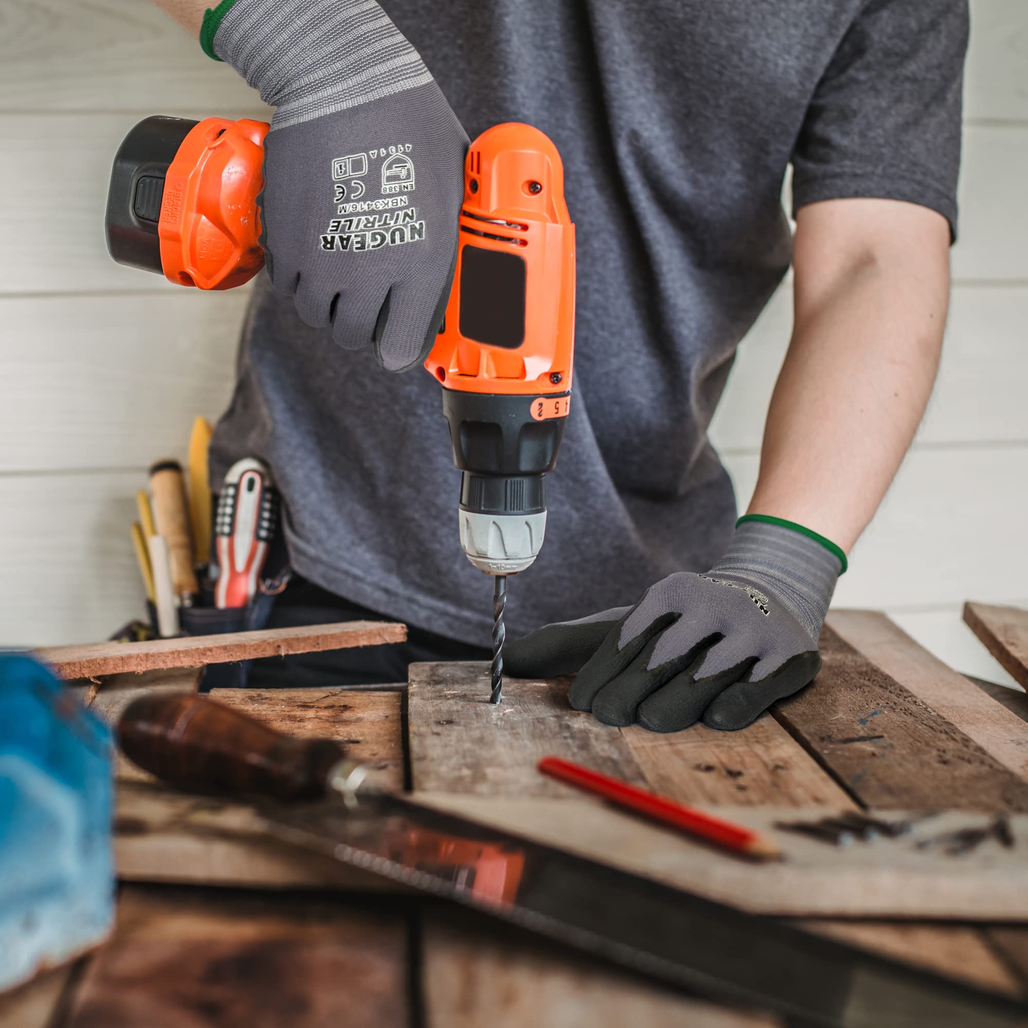 NU Gear NBK3416 Sicherheits-Arbeitshandschuhe, MicroFoam-Nitril-Arbeitshanduiche, Nylonhandschuhe, fester Griff, schützende Arbeitshandschuhe (2XL, 12 Paar), Grau