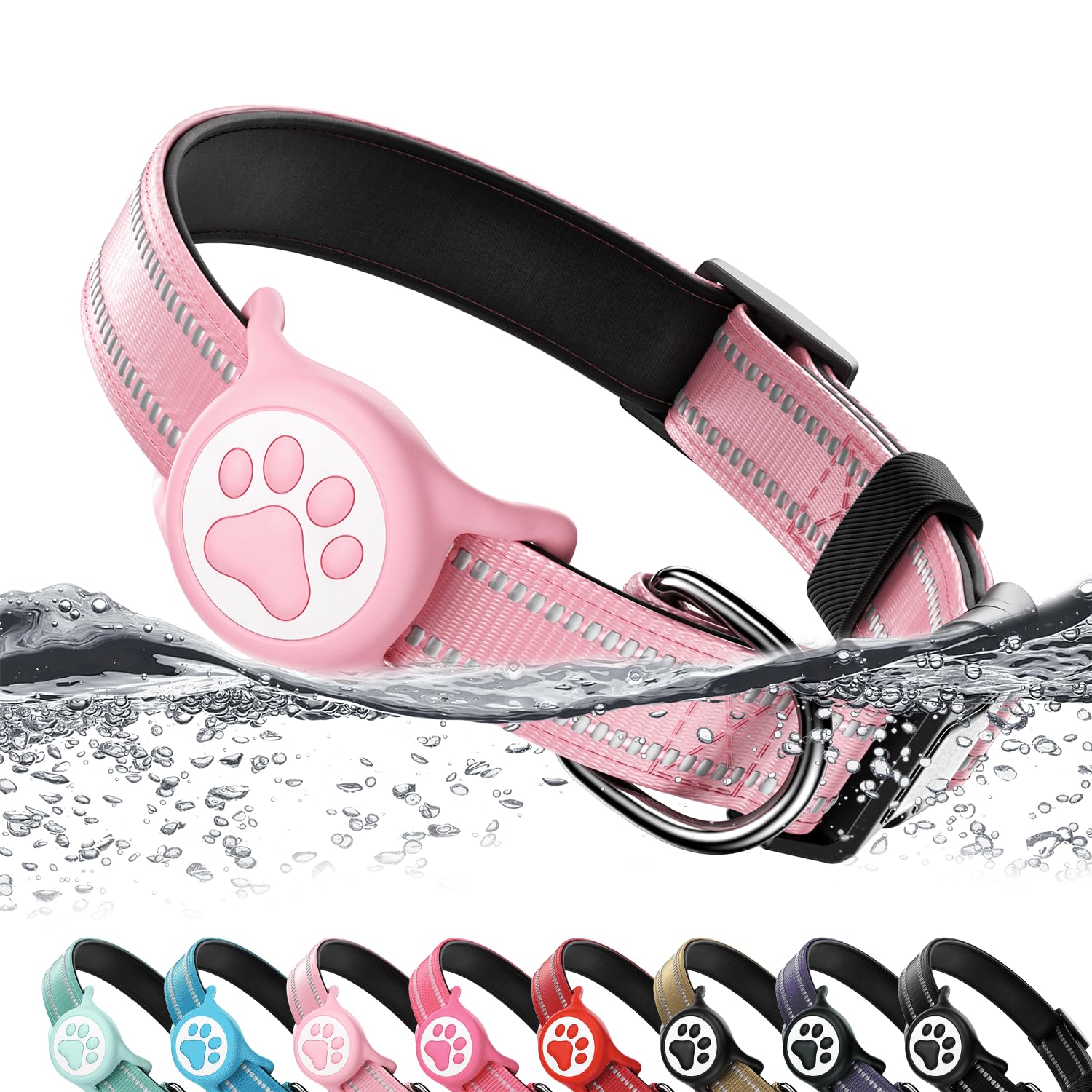 Airtag Dog Collar, Reflective Ultra-Durable Nylon Padded with QR Code Buckle & IP68 Waterproof Air Tag Holder Compatible for Apple AirTag, Comfortable for Small Medium Large Dogs(Pink,L)