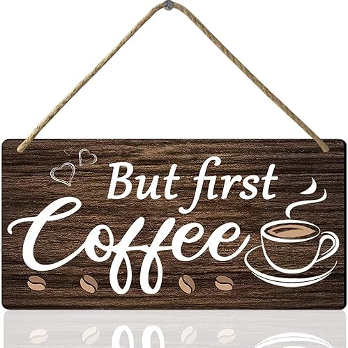 But First Coffee Sign - Arte de barra de café de madera, 6 x 12 pulgadas