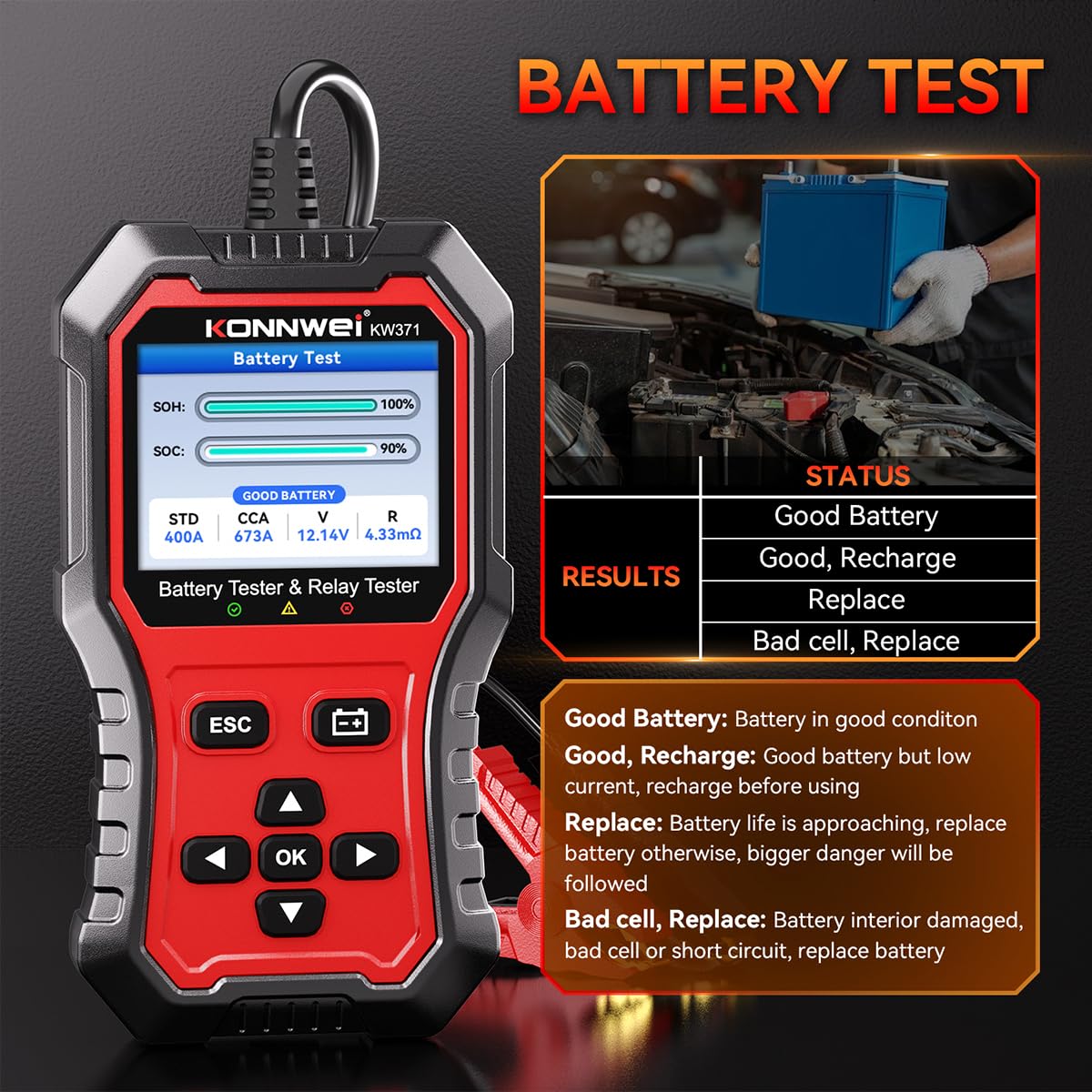 KONNWEI KW371 Autobatterie Tester 6V 12V 24V, Batterieprüfer 100-3000 CCA für AGM EFB GEL Lithium Batterien, KFZ Batterietester mit Anlasser- & Ladesystemtest, Cloud-Bericht für PKW LKW Motorrad