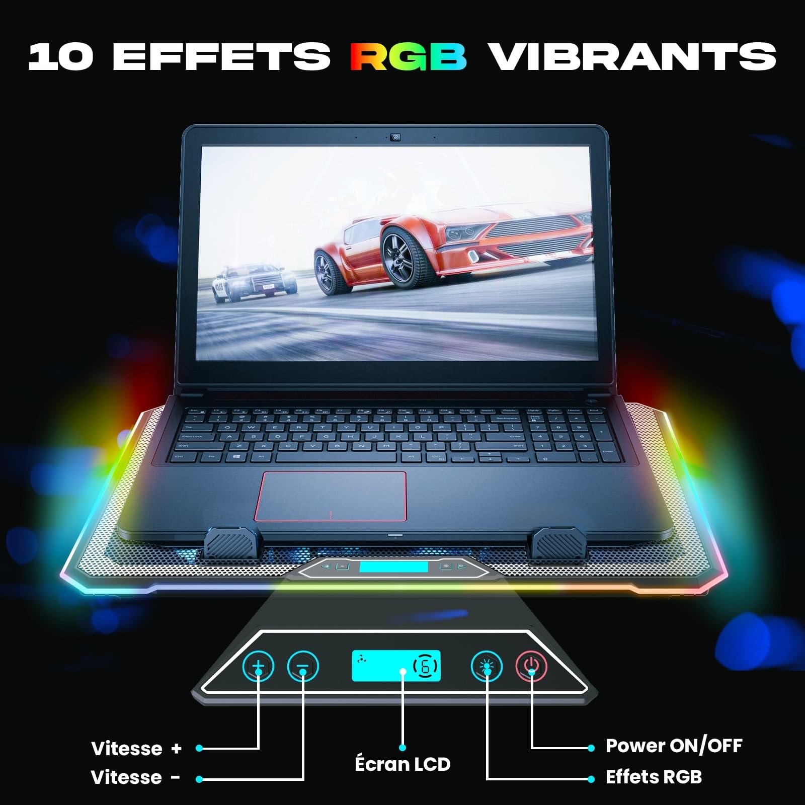 KLIM V14 Refroidisseur PC - Nouveauté - 14 Ventilateurs & Rétroéclairage RGB + Support PC Ventilé de 11" à 17" + 2 Ports USB + 5 Ans de Garantie