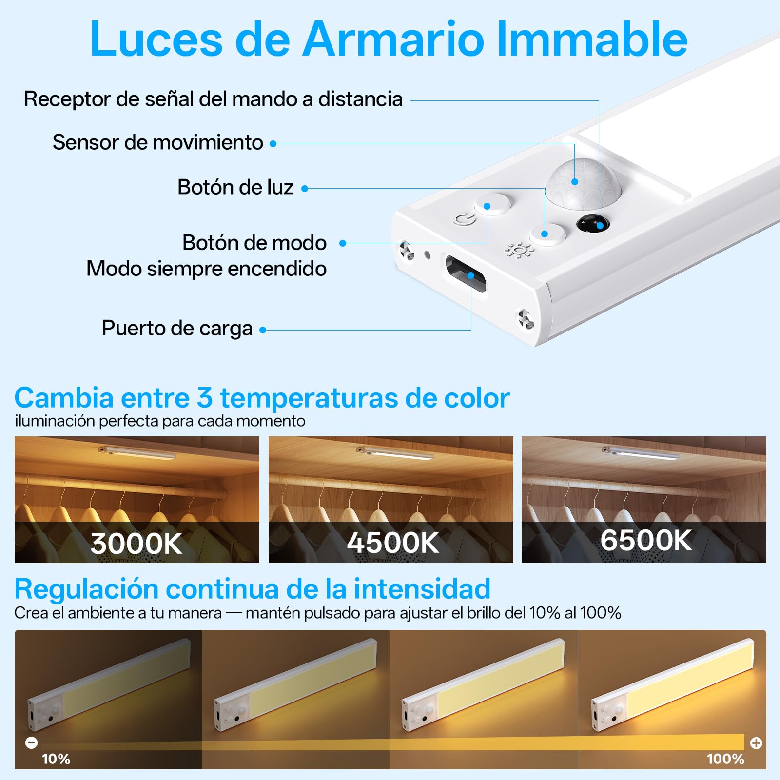 Luz Led con Sensor de Movimiento, Base de Carga, 6 Piezas | 20 cm Luz Armario, Luces Armarios sin Cable, 3 Modos de Funcionamiento 3 Temperatura de Color para Pasillo, Cocina