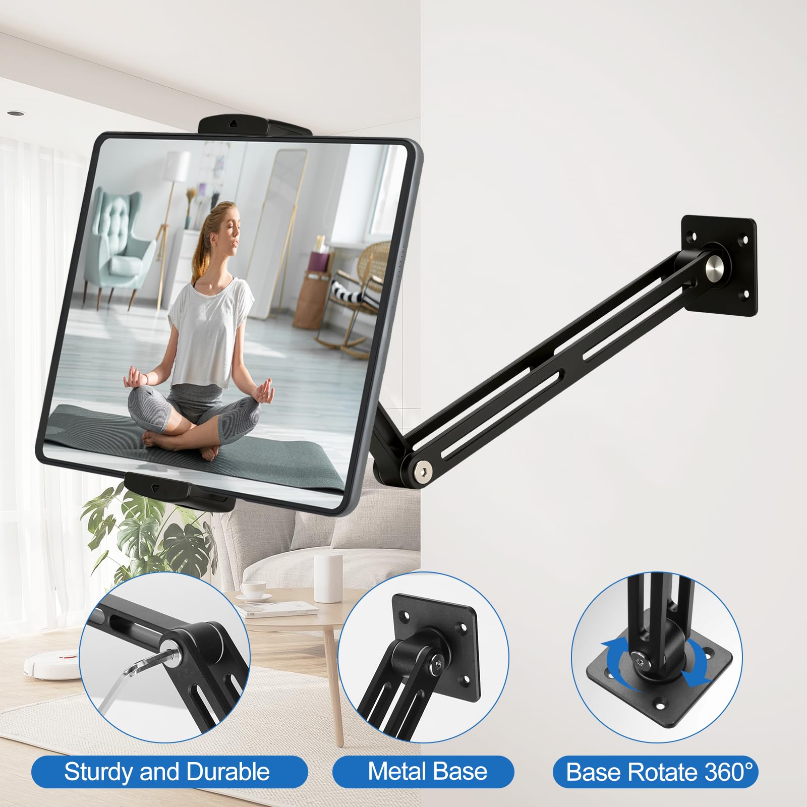 VINATO Supporto Tablet Muro Regolabile a 360° Allungabile in Alluminio Pieghevole per iPad Telefoni 4,7"-13" Nero