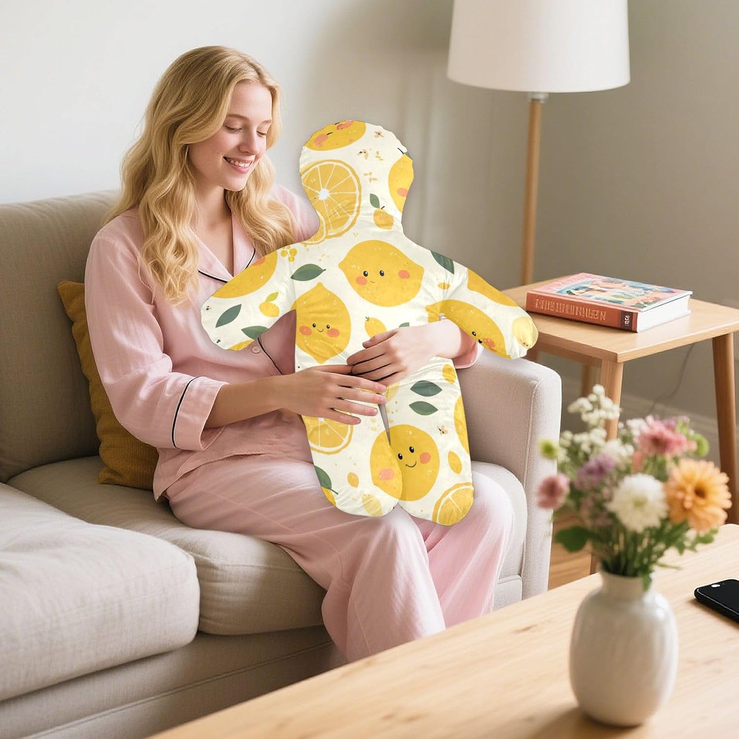 Ergonomic Human Pillow Fleece Material Side Sleeper Pillows Neck Support for Kids Lemon Yellow
