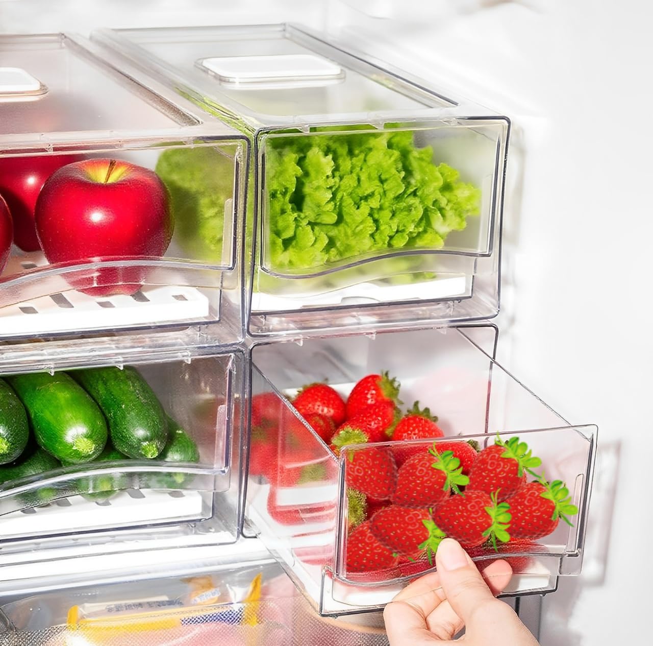 SYAMEET 2 Pack Clear Stackable Fridge Organizers with Lids, Drawer and Drain Tray, Large Food Container Storage Box for Fruit & Vegetable Storage - Small Size