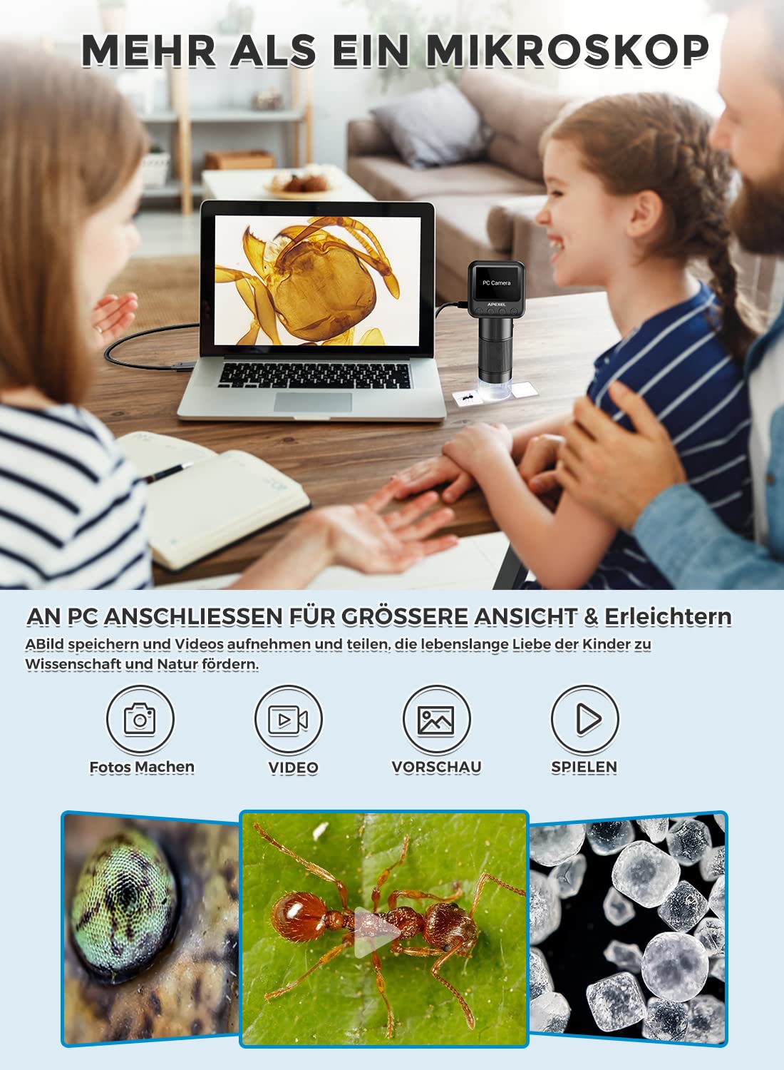 APEXEL Taschenmikroskop, Mikroskop Handy mit Folien, 800-faches Digital Microscope