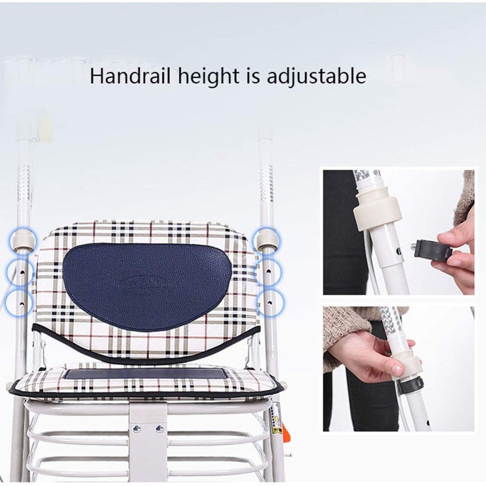 Deambulatore con sedile e cestino, in alluminio, a quattro ruote, facile da piegare, regolabile in altezza, design leggero e sicuro, ideale per esercizi e viaggi