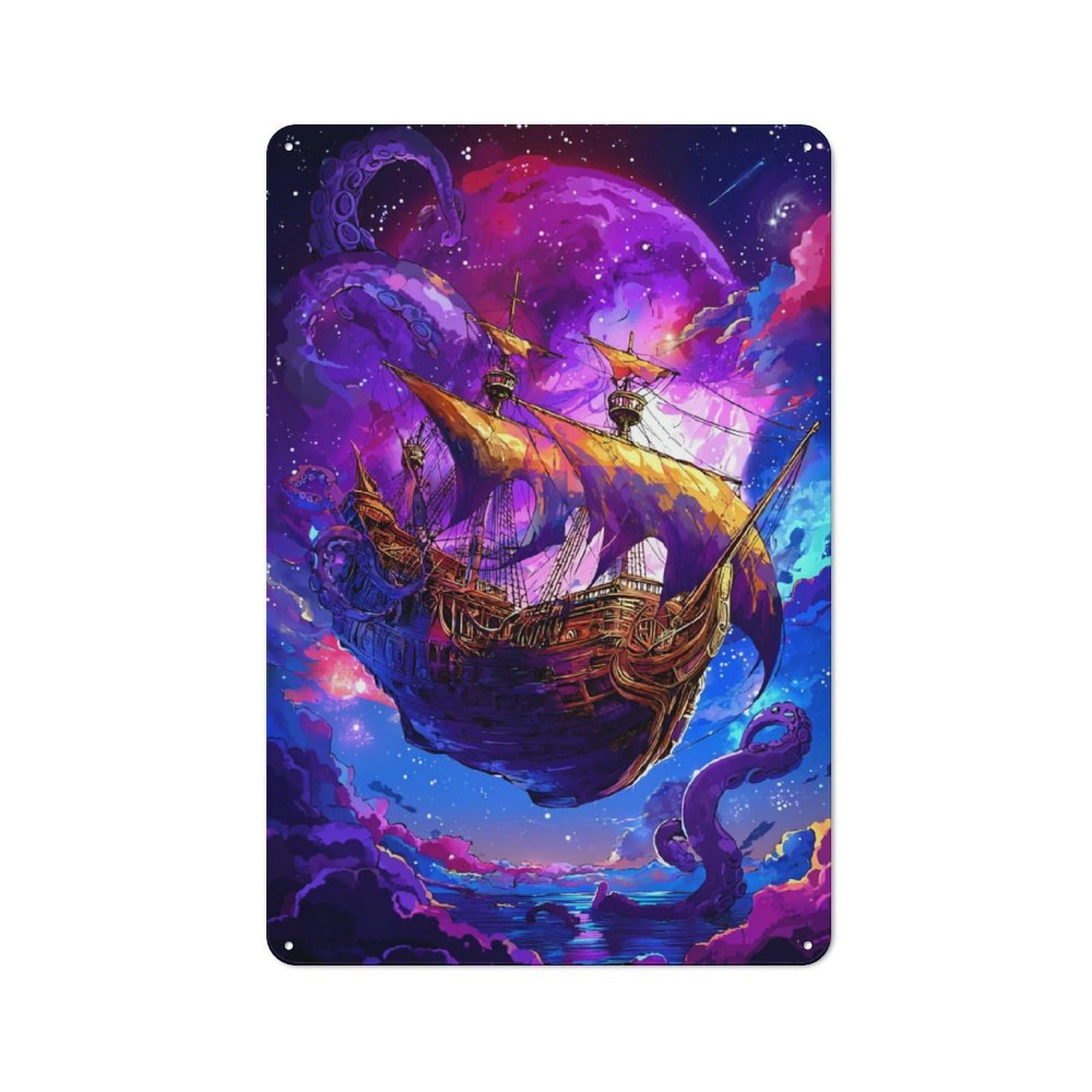 Junmoney Pirate Ship In A Fantasy Galaxy Vintage Metal Plaque 30X20cm For Café Or Restaurant, A Decorative Gift For A Newly Furnished Café And Restaurant