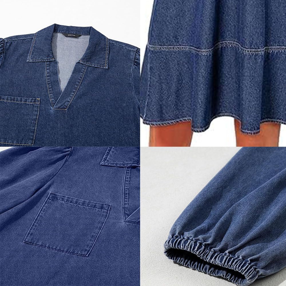 Vestido Vaquero con Capas, Cuello en V y Mangas abullonadas para Mujer, Vestidos Vaqueros con Volantes y Mangas 3/4, Vestido Vaquero Camisero Holgado de Verano con Bolsillos. (Dark Blue,XL)