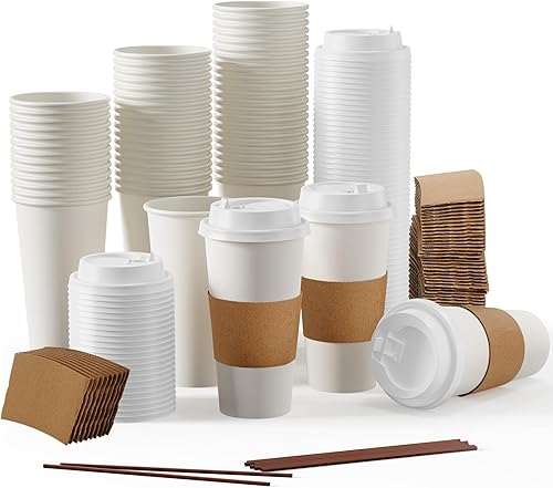Miniatura 1 de JOLLY PARTY Paquete de 50 Tazas de café de papel de 20 onzas, taza de café de papel desechable con tapas, mangas y agitadores, taza de bebida