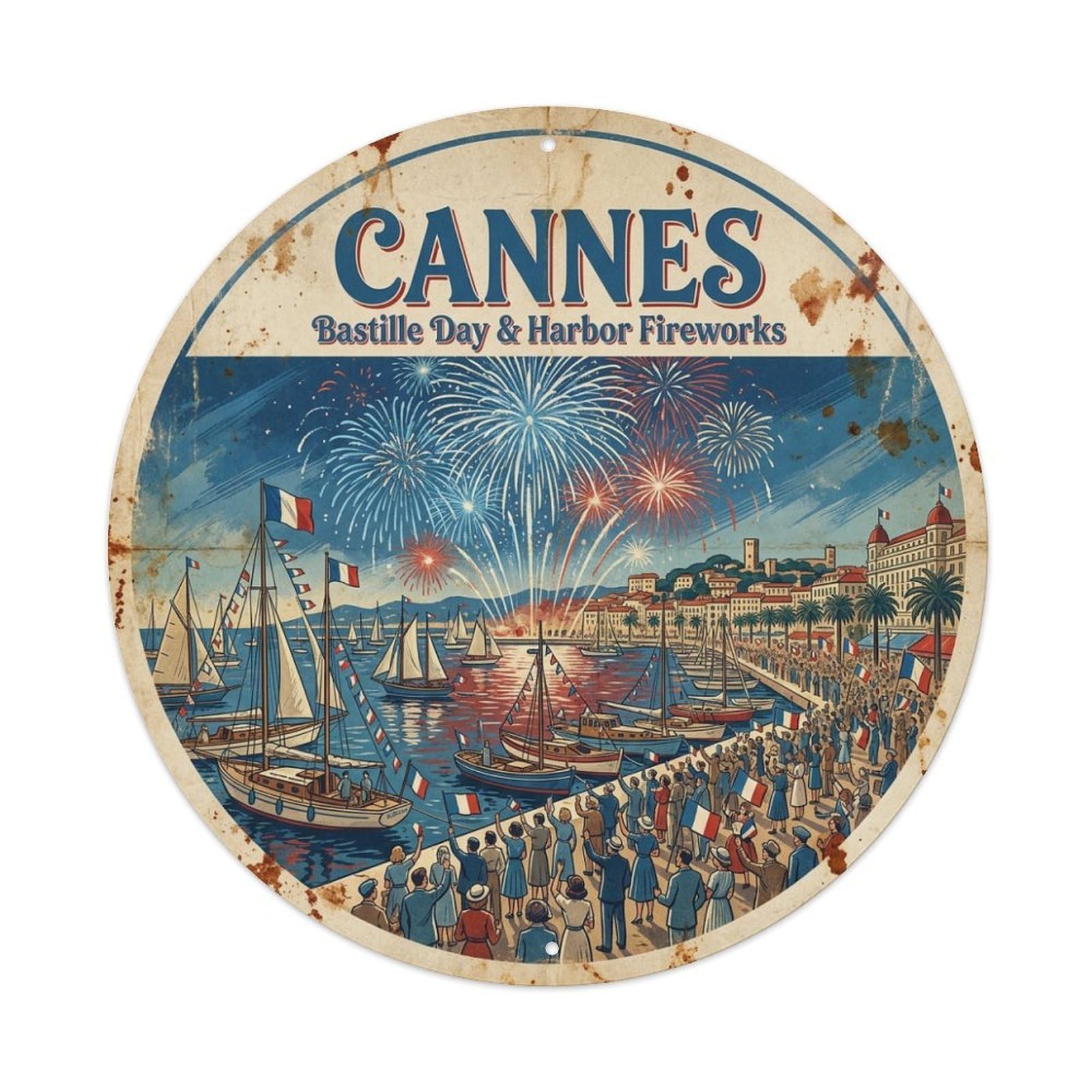 Culture Travel Harbor Fireworks Night Cannes France Metal Tin Sign
