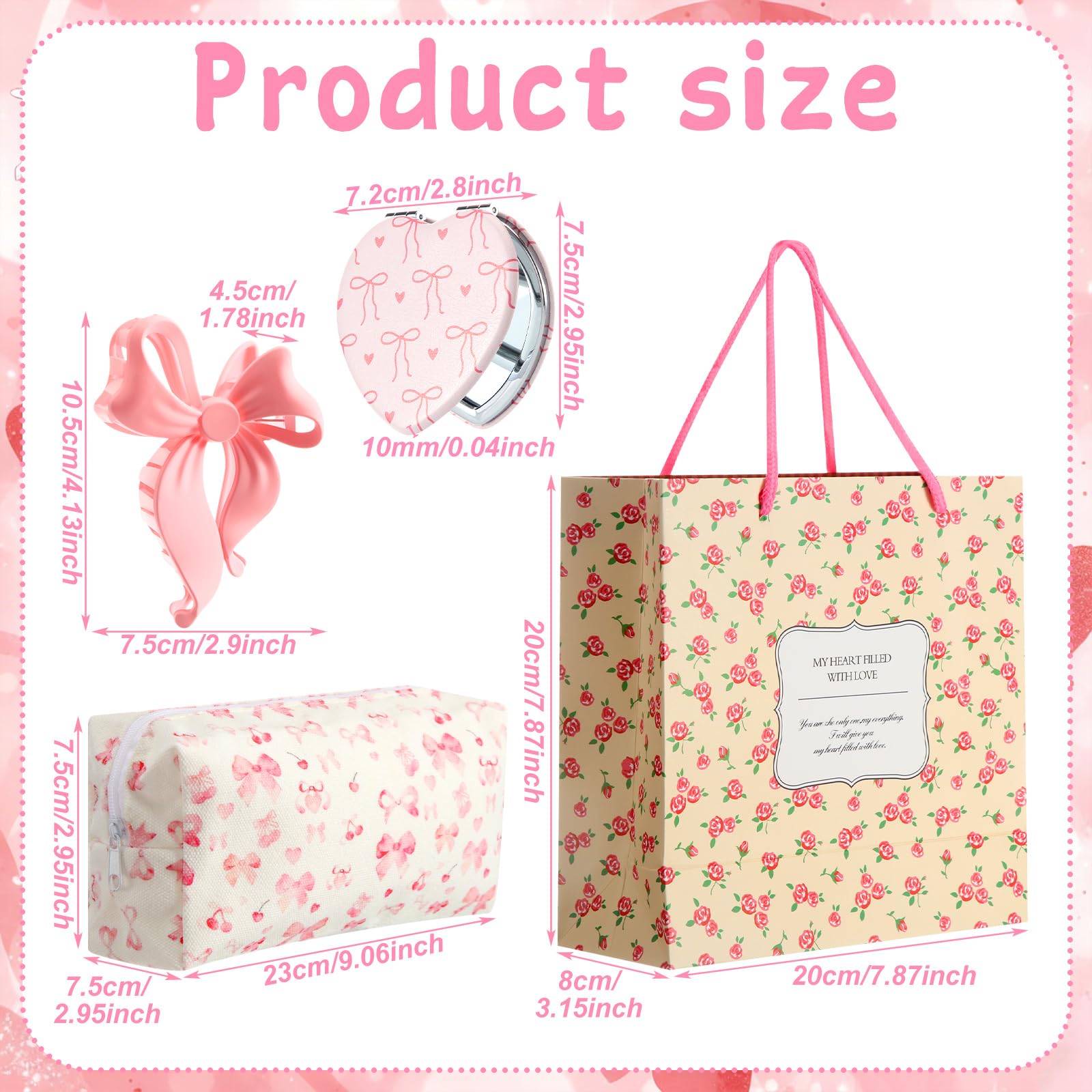 Suncalla 24 Pcs Galentine's Day Gifts Bulk Pink Bow Bags Gifts Set for Women Coquette Basket Hair Clips Mirror Bowknot Canvas Cosmetic Bag for Mothers Friend Bridal Shower Birthday