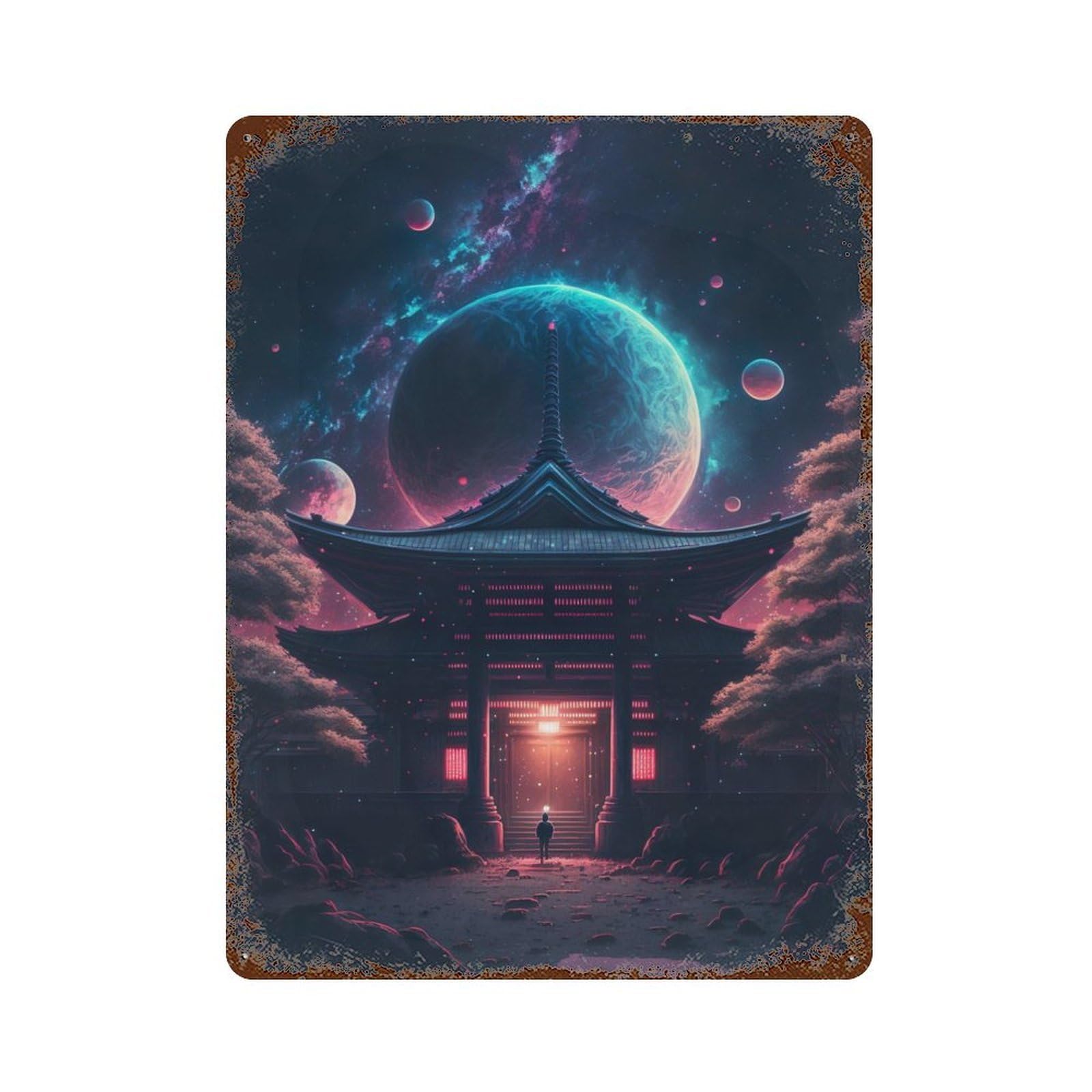 Weathered Tin Sign with Cosmic Gateway Design 15.7"x11.8", for Basement, Hobby Room And Garage Decor, Industrial Home Decor