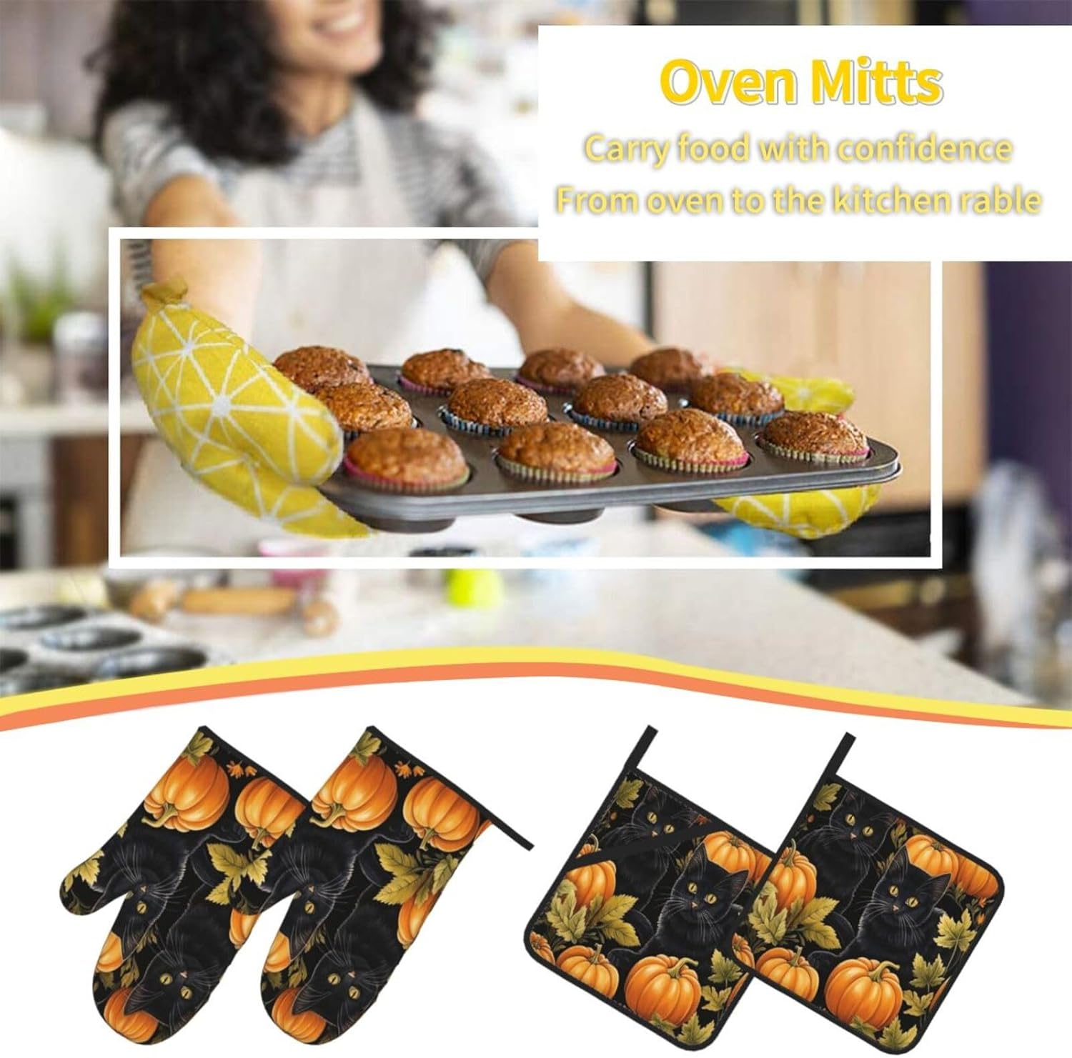 Oven Mitts and Pot Holders Sets Halloween Pumpkin Cats Heat Resistant Oven Gloves and Hot Pads Set Kitchen Potholder Gloves Oven Mitt 4 Piece