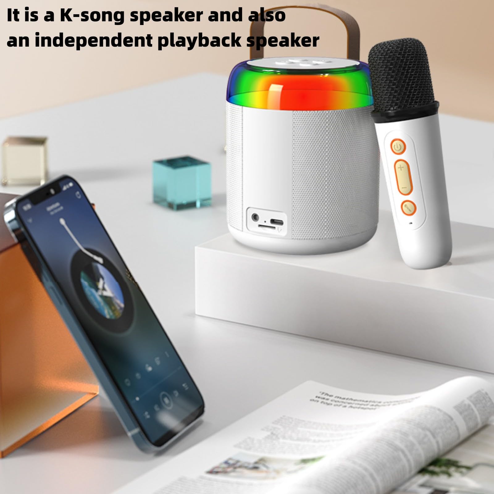 Macchina per karaoke Bluetooth ricaricabile, altoparlante portatile con microfoni wireless e luci a LED, effetti che cambiano la voce, giocattolo per karaoke, lettore karaoke, per feste di compleanno