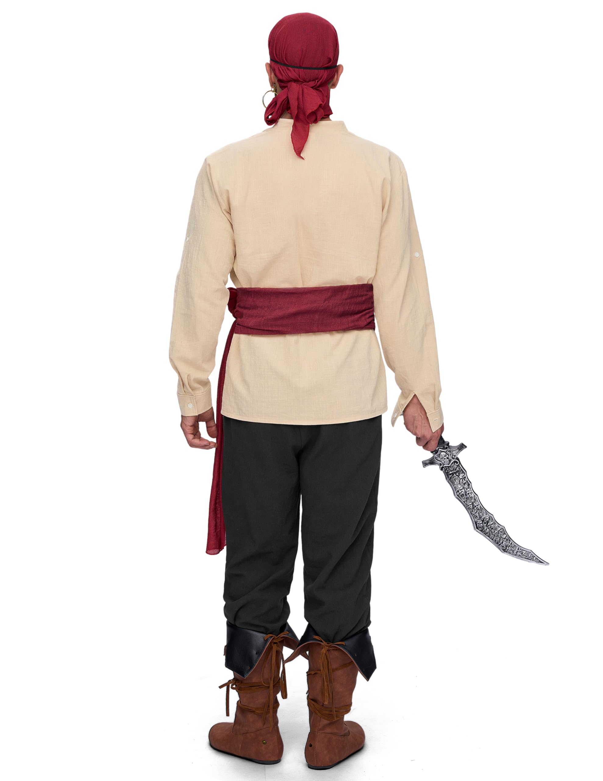 Spooktacular Creations 6-częściowy męski kostium piracki w stylu renesansowym, średniowieczny, wiking, beżowo-czarny, z koszulą, spodnie w paski, opaska na oko, bandana