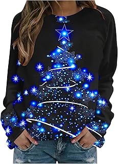 AnnSemo Women\'s Christmas Jumpers Xmas Tree Print Ladies Tops Funny Christmas Jumpers for Women UK Classic Long Sleeve Crew Neck Sweatshirt Xmas Pullover