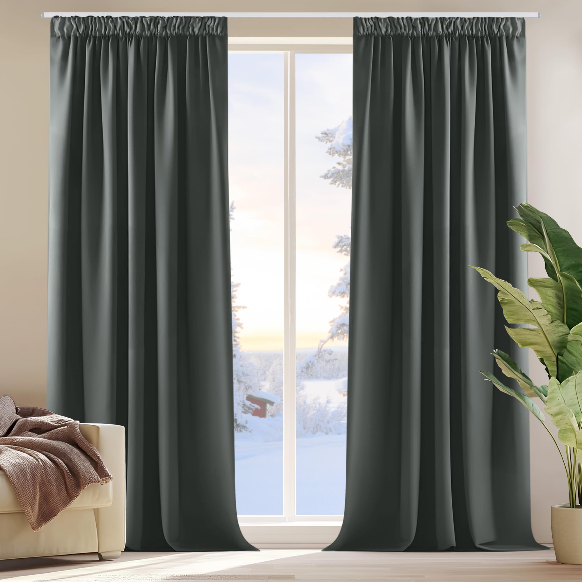 Deconovo Verdunkelungsvorhänge Blickdichte Gardinen mit Kräuselband Dicke Thermovorhänge, 210x140cm(HöhexBreite), Dunkelgrau, 2er Set