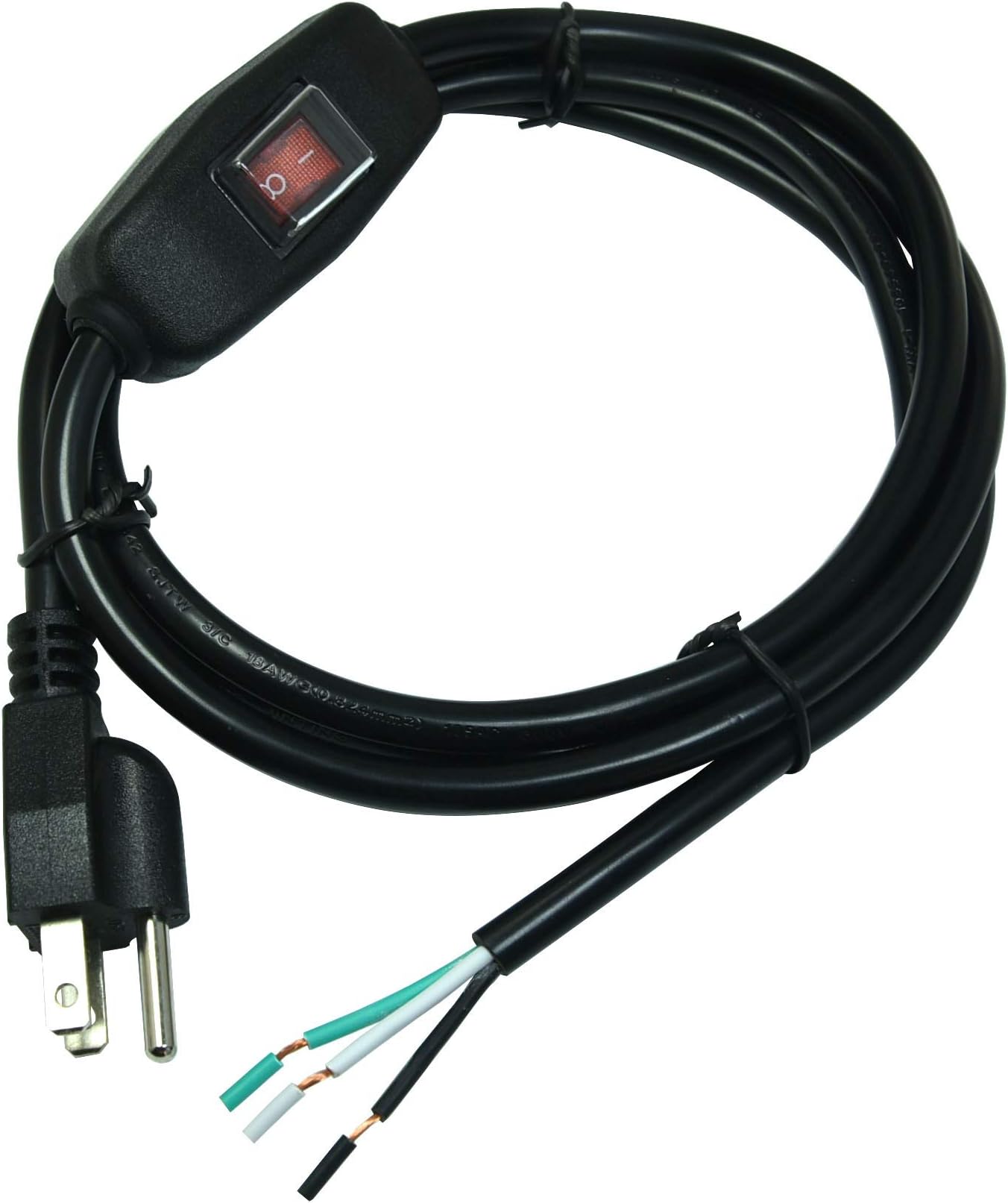 FILSHU 6ft 18 Gauge 3 Prong AC Power Cord Cable with on Off Switch, Pigtail (Open End Wiring), NEMA 5-15 Plug US SJTW 18AWG (10A)