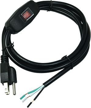 FILSHU 6ft 18 Gauge 3 Prong AC Power Cord Cable with on Off Switch, Pigtail Open End Wiring, NEMA 5-15 Plug US SJTW 18AWG 10A