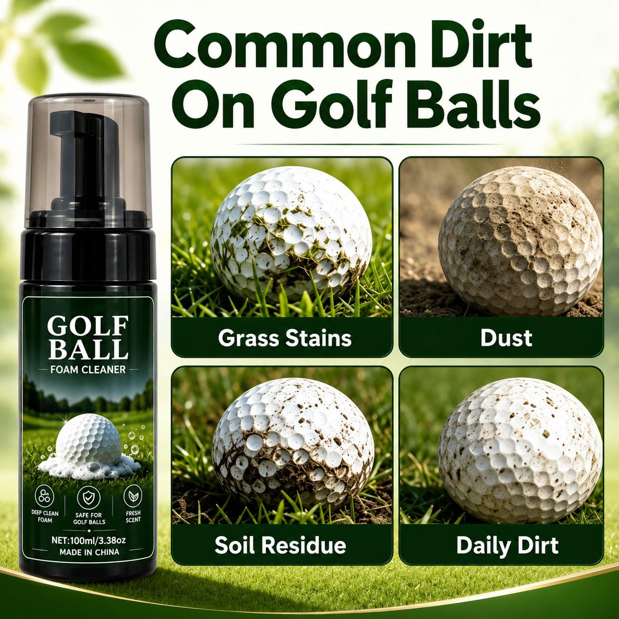 Tragbarer Golfball-Schaumreiniger, 3,38-Unzen-Spray, Tiefenreinigungsschaum für Grübchen, sofortiger Glanz- und Spin-Restaurator, Golfzubehör für unterwegs