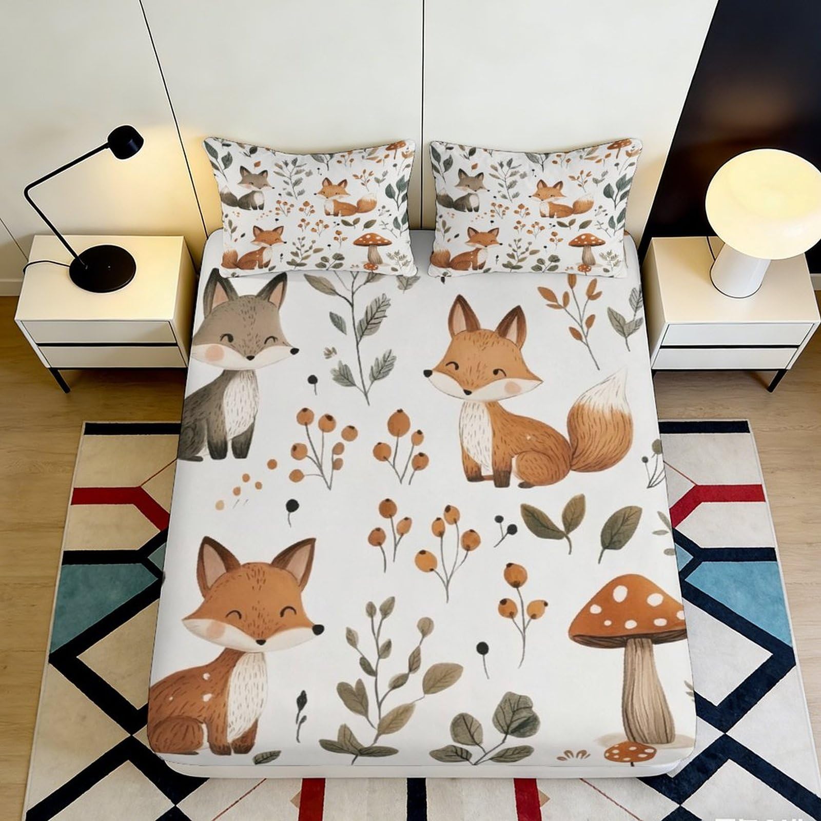 3D Printed Fox Forest Fitted Sheet Microfiber Soft Anti-Slip Woodland Animal Bed Cover for Bedroom Guest Room Decor 120x200x25cm