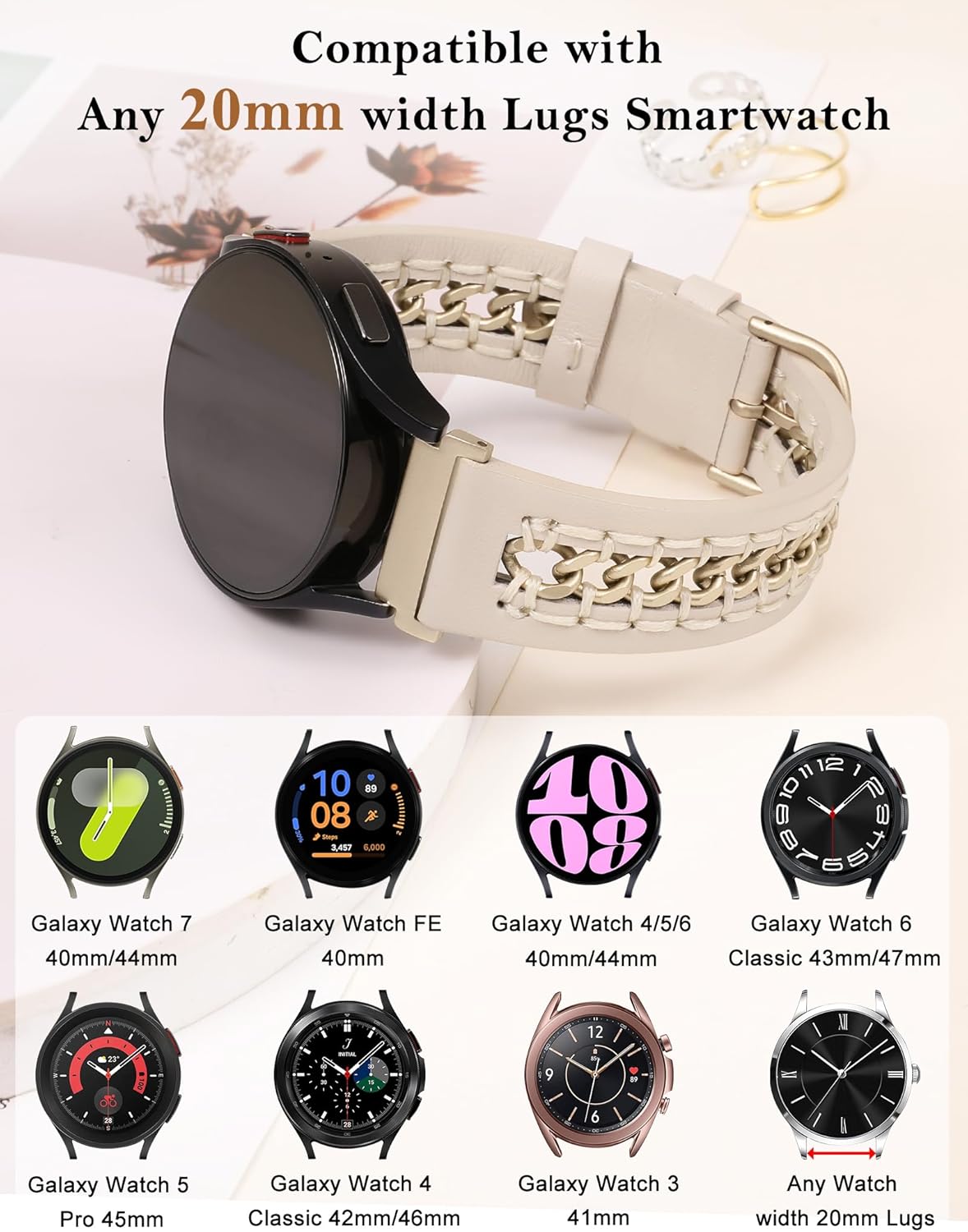 Minyee Leather Band Compatible with Samsung Galaxy Watch 7/6/5/4/FE/Active 2 40mm 44mm/Watch 6 Classic 43/47mm/Watch 5 Pro 45mm Bands, 20mm Dressy Leather Strap with Stainless Steel Metal Chain Women - Image 2