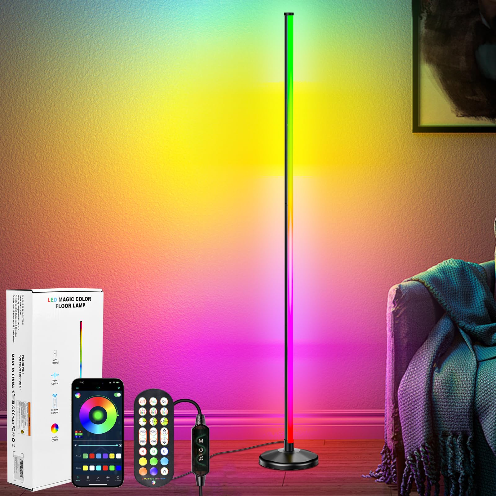 NIKYJM LED Corner Lamp, RGB Floor Standing Lamp 145cm RGB LED Corner Lamp with APP Control and Remote Control, 16 Million Colors and 300 Modes, Music Sync for Bedroom Living Room