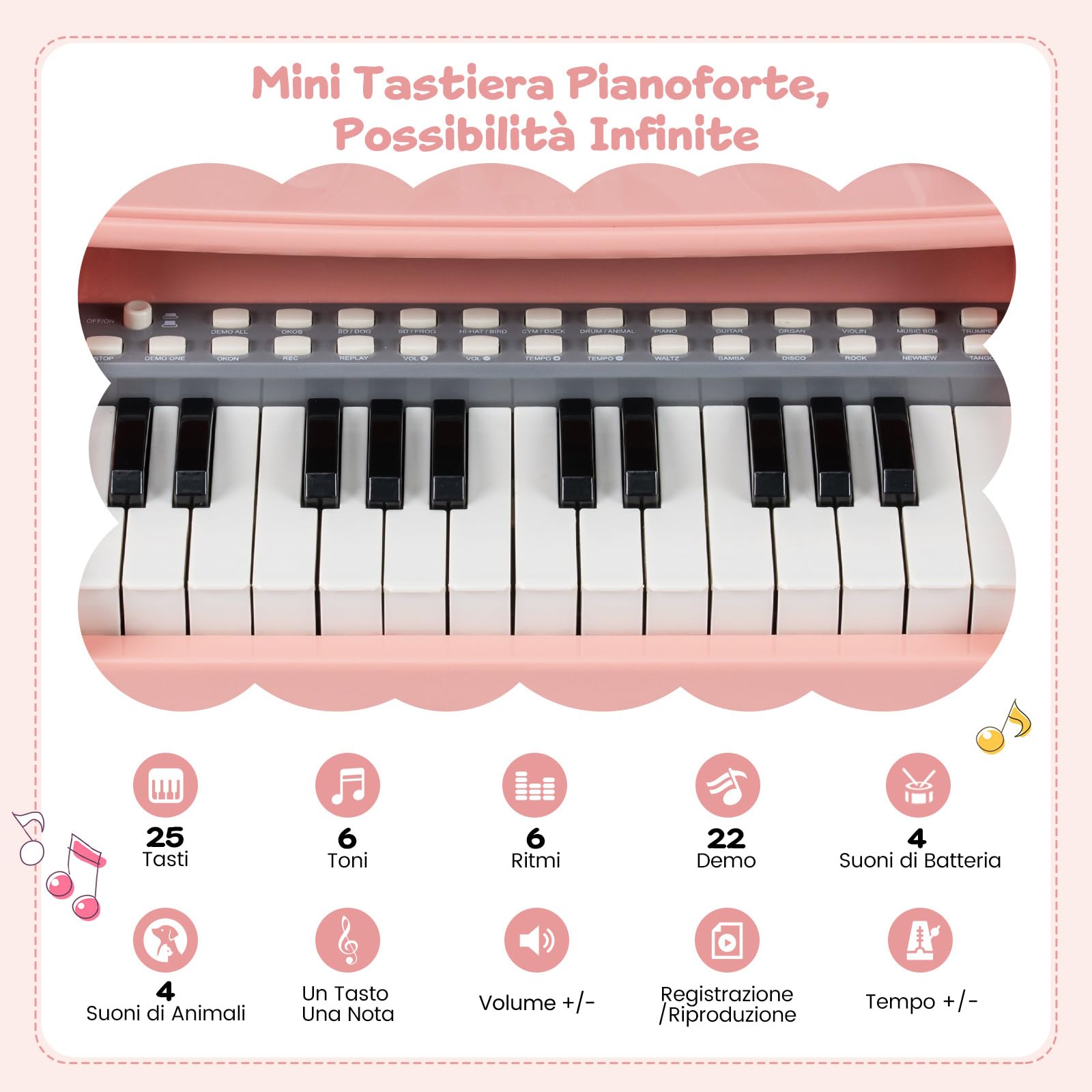 COSTWAY Set Tastiera Pianoforte per Bambini, Pianoforte Elettrico con 25 Tasti con Sgabello, Leggio e Microfono, Giocattolo Strumento Musicale per Bambini 3+ Anni
