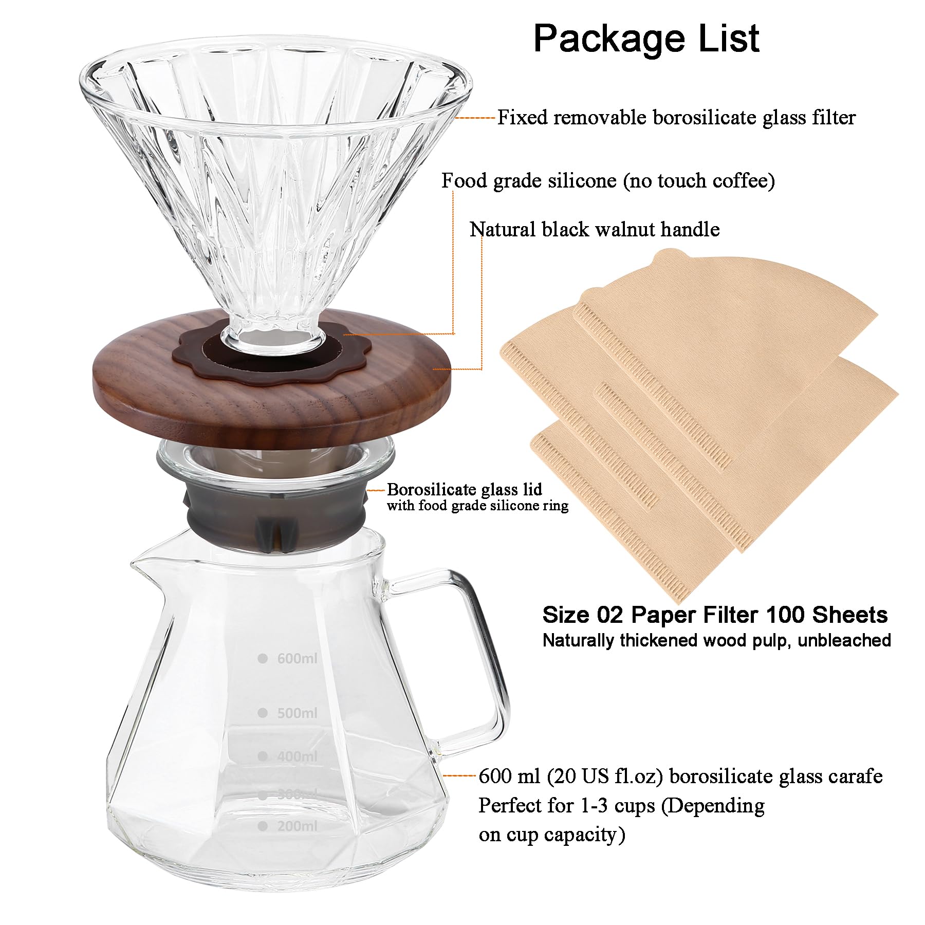 Caffettiera Pour Over, caraffa in vetro borosilicato da 600 ml, con 100 filtri di carta misura 02, manico in noce e coperchio in vetro, 600 ml, trasparente